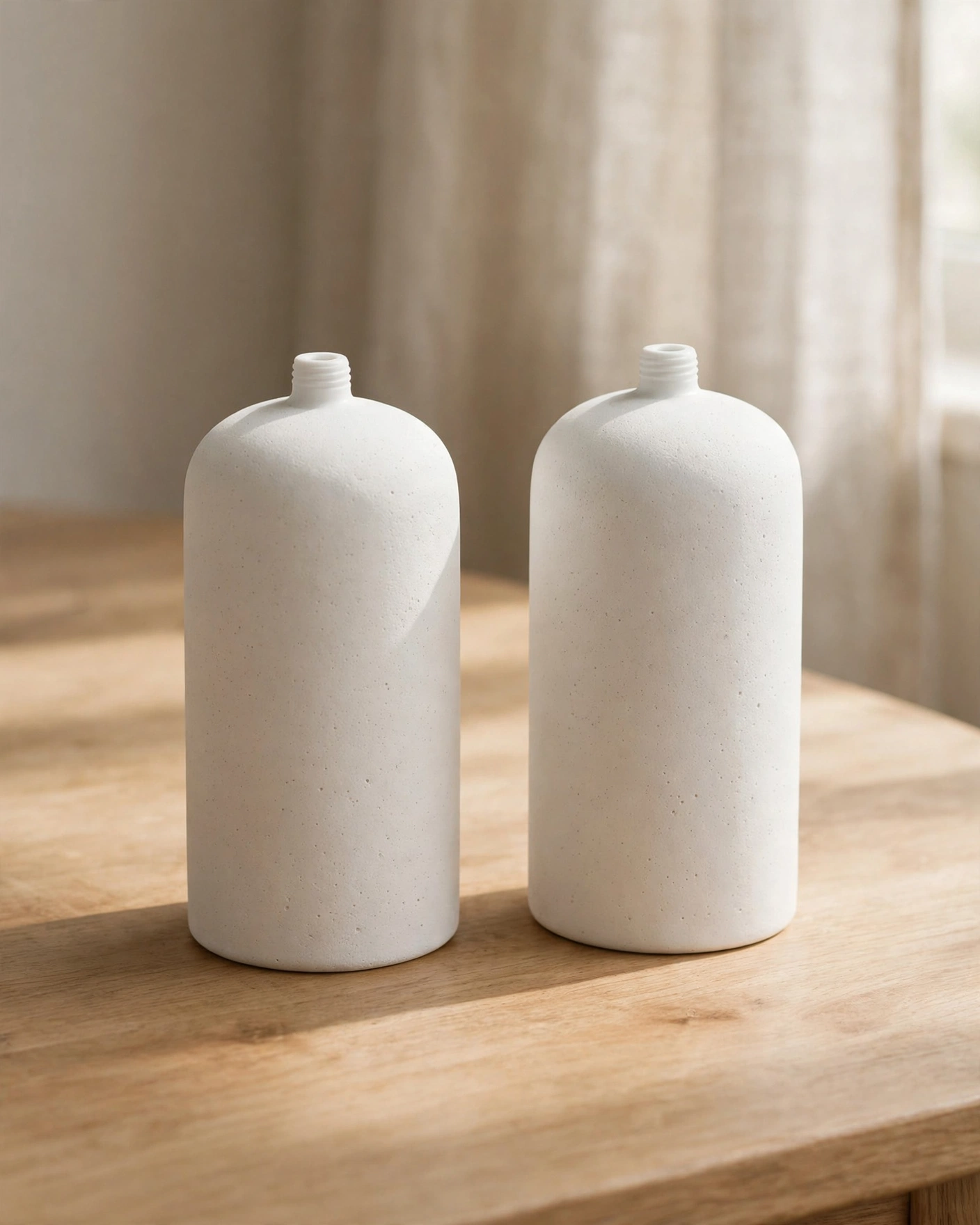 Two tall ceramic-style gravity filter elements standing upright on a workbench with soft window light