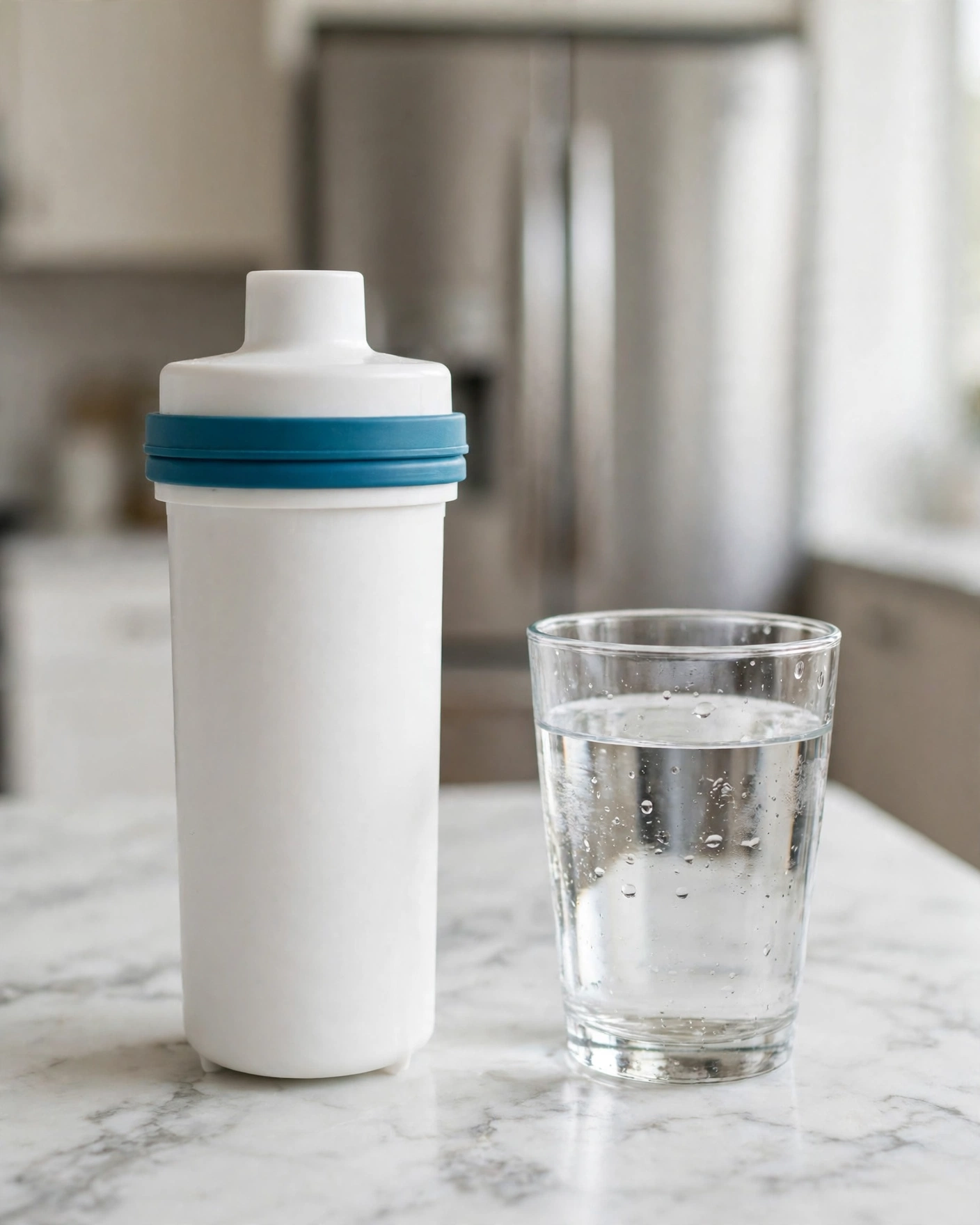 A compatible fridge cartridge beside a glass of clear filtered water