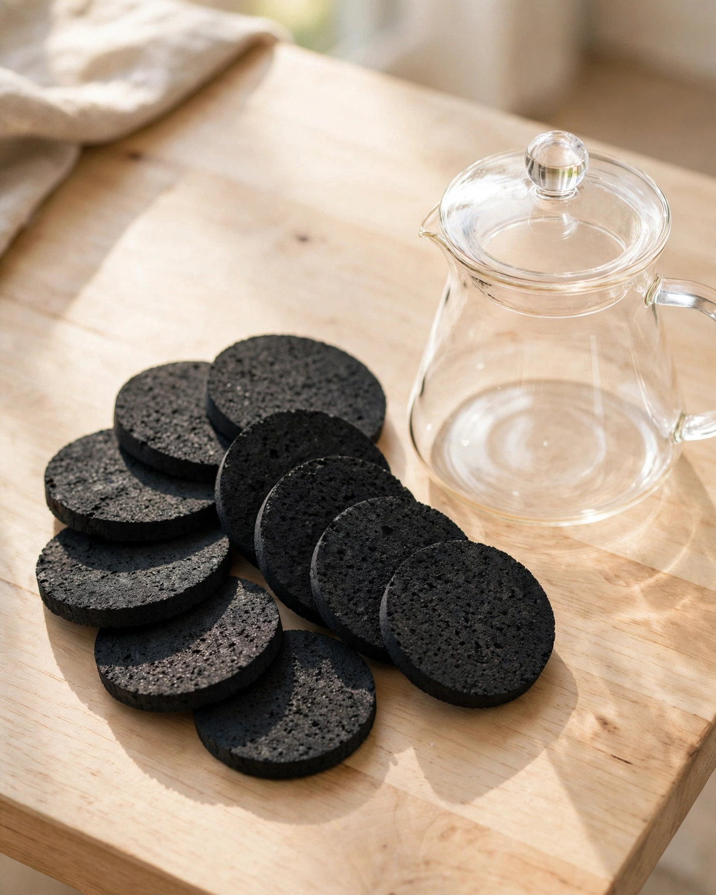 Small round charcoal disk coffee-maker filters fanned out on a light workbench surface