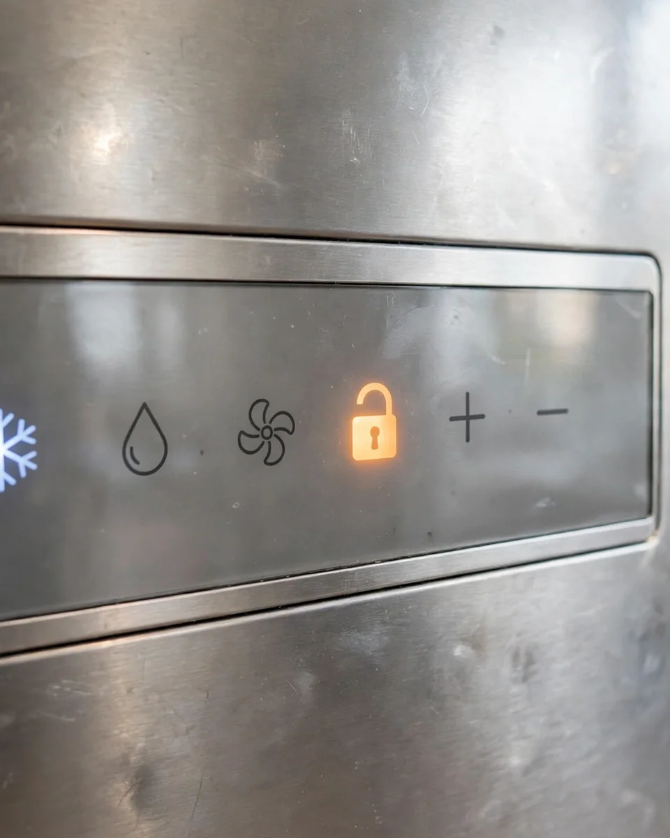 Illuminated padlock icon on a fridge panel — a locked panel ignores reset holds