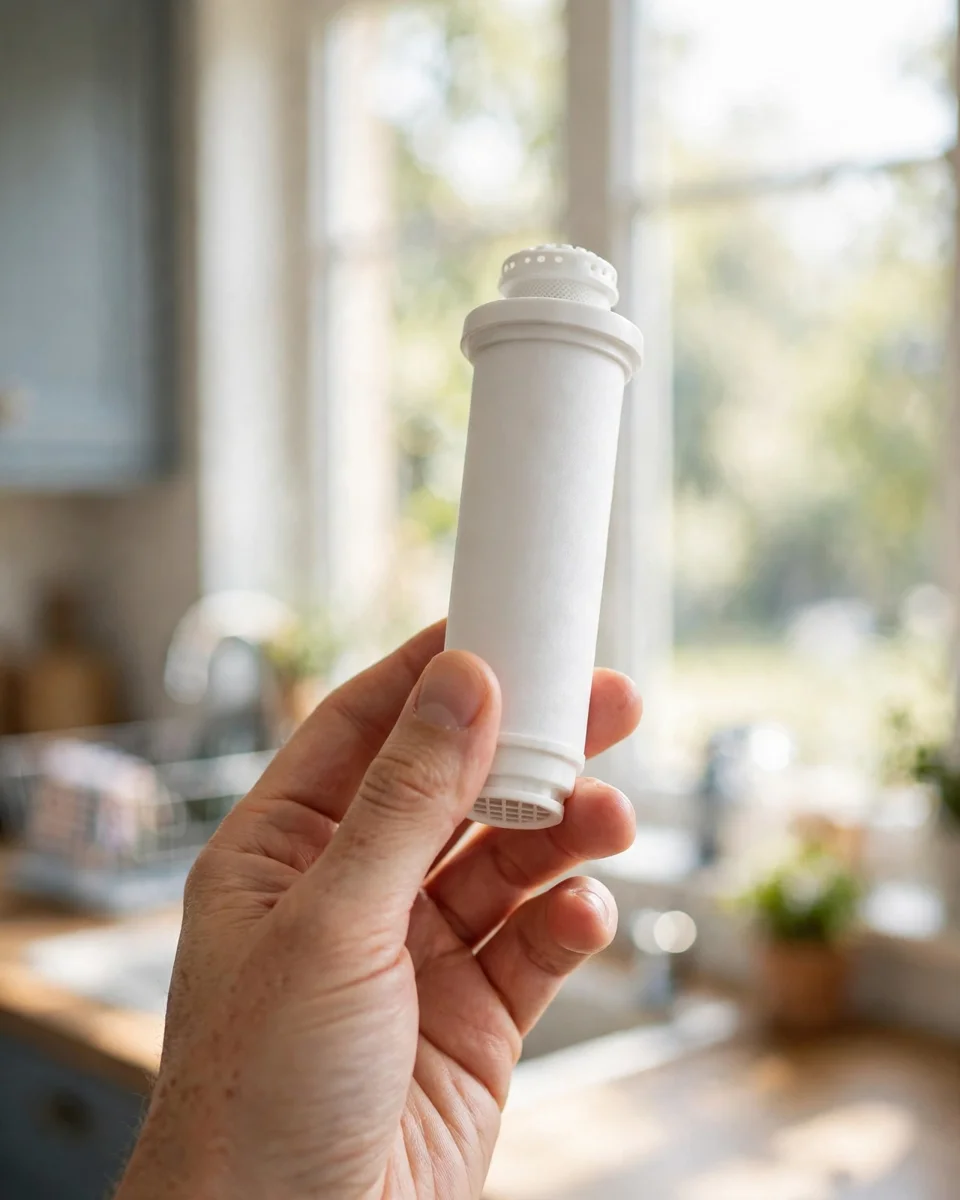 A hand holding a plain blank white pitcher filter cartridge up to a bright kitchen window, examining it