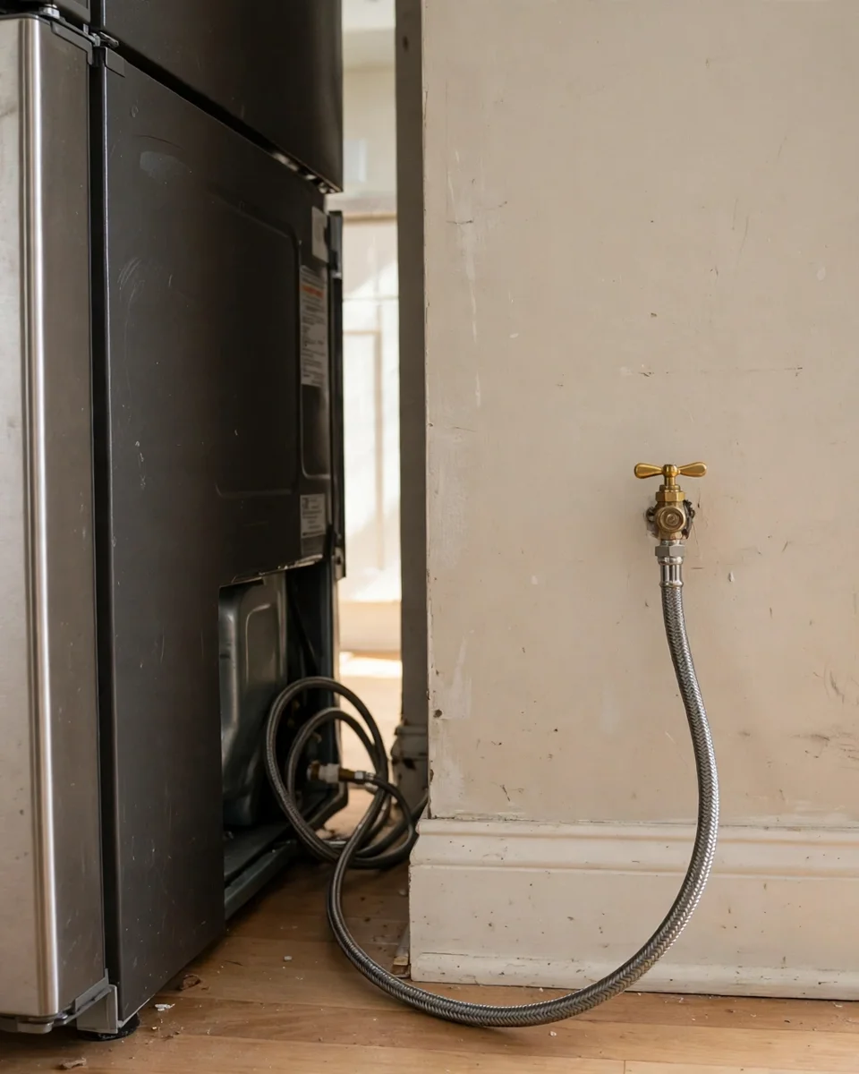 Braided water line and shutoff valve behind a pulled-out refrigerator