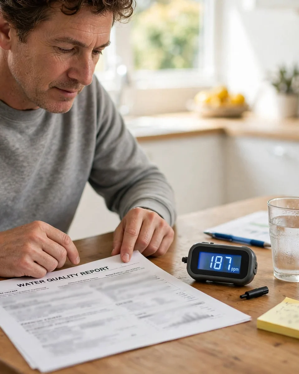 Homeowner reading a water quality report with a TDS meter reading 187 ppm on the table — the first step in choosing a filter