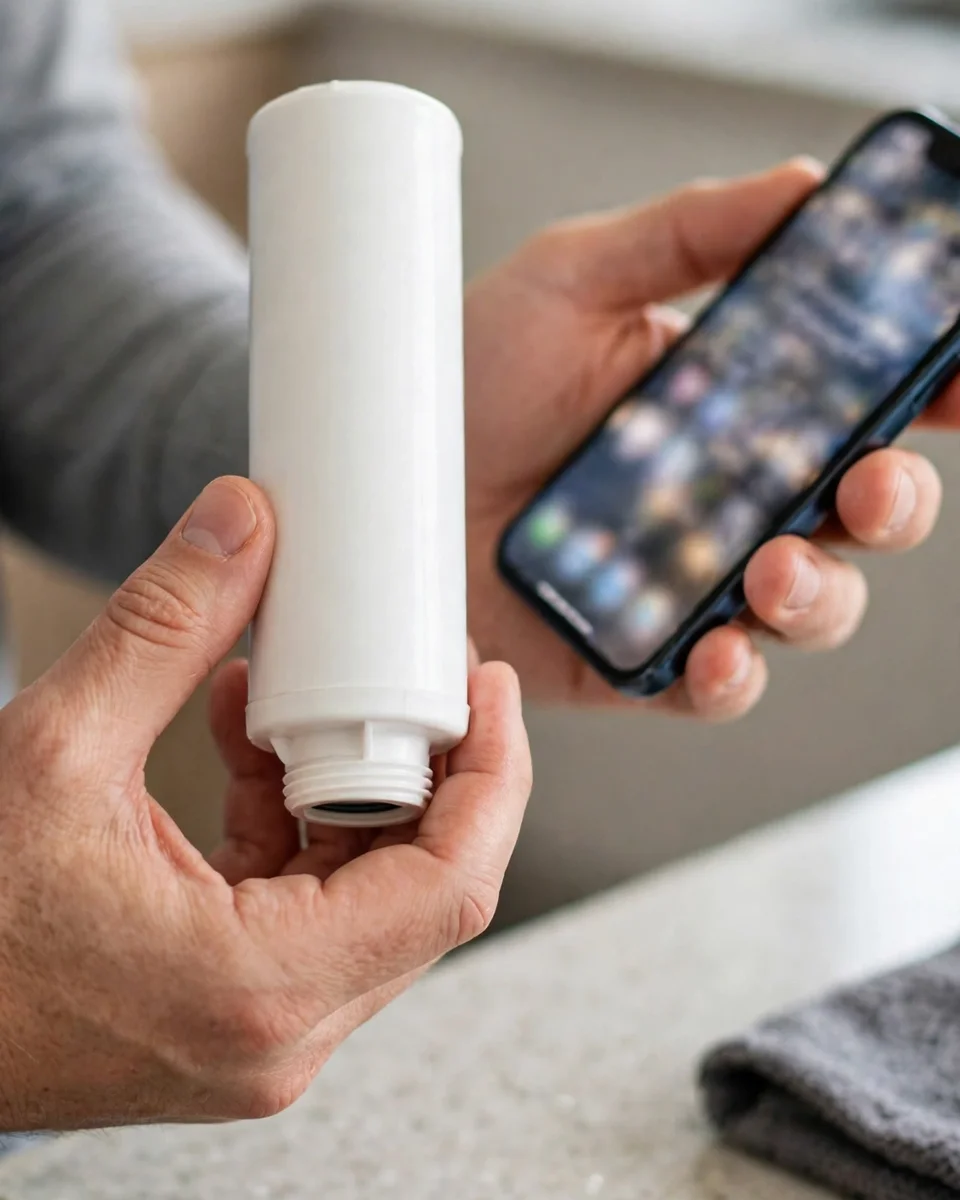 Hands holding a plain refrigerator filter cartridge and a phone with a blurred screen — checking the model's certification listing before buying