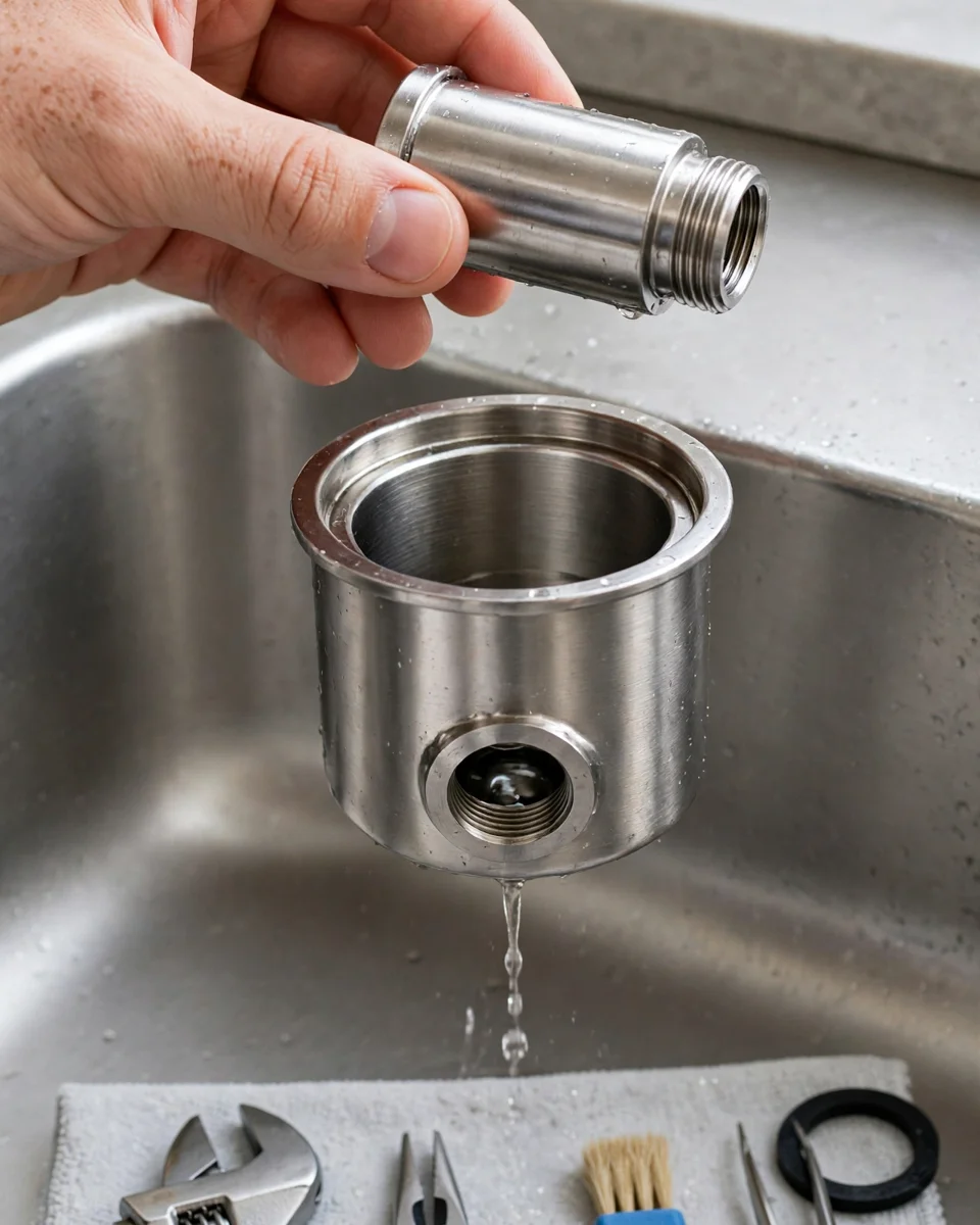 Spigot assembly removed and inspected over a sink with tools and a spare washer laid out — checking for airlock and blockage