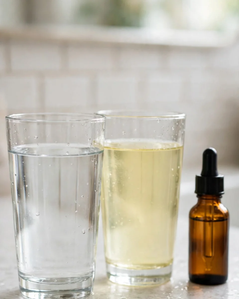 Two glasses of water on a counter, one turned yellow by chlorine test drops, beside a plain dropper bottle