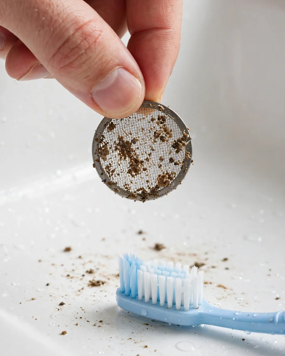 A mesh screen washer clogged with grit and sediment, held over a sink with a toothbrush for cleaning