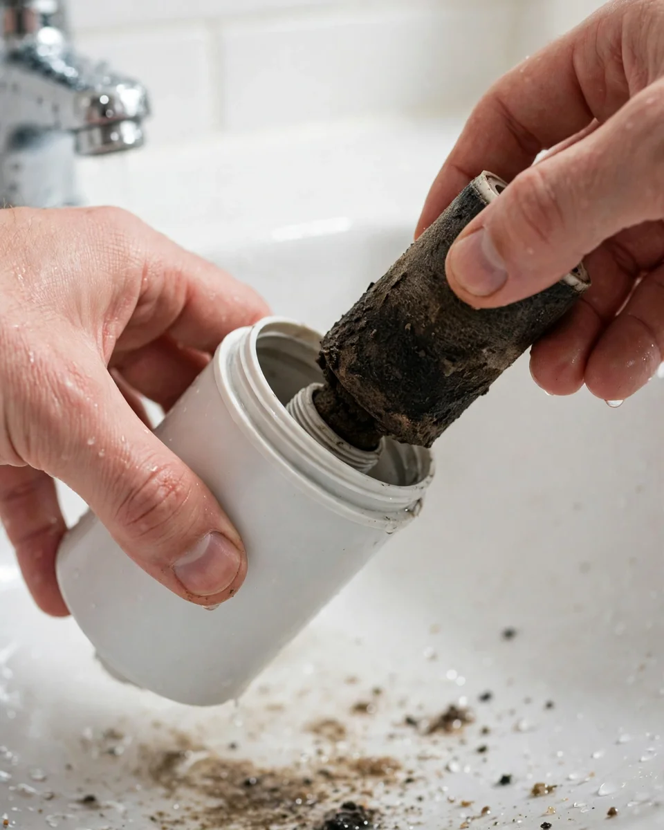 Opening a shower filter housing to reveal a dark, sediment-clogged cartridge — the most common cause of pressure drop