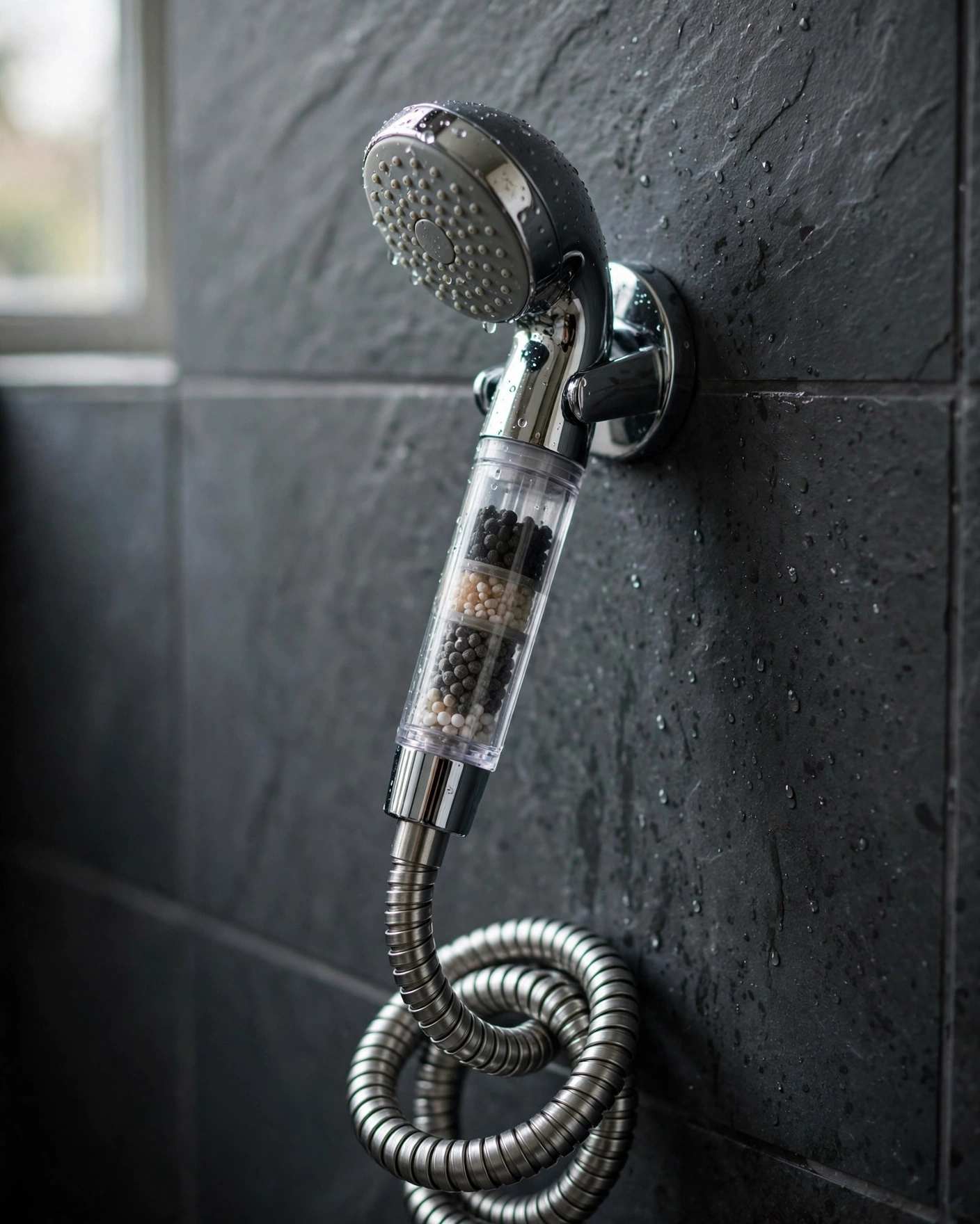 Cobbe handheld showerhead with a transparent filter section in its handle on a wall holder