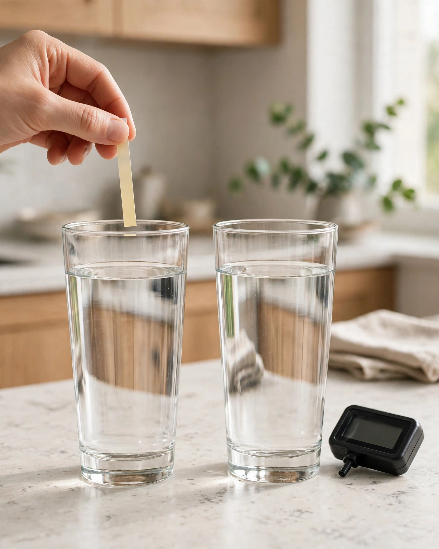 Two glasses of water with a test strip and a blank digital pH meter