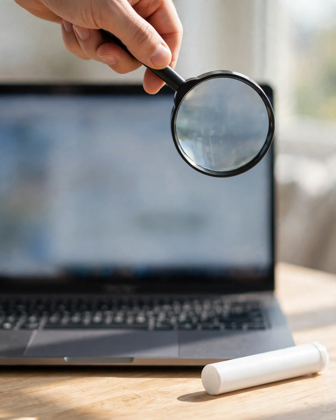 Hand holding a magnifying glass over a laptop showing a certification database page beside a blank filter cartridge