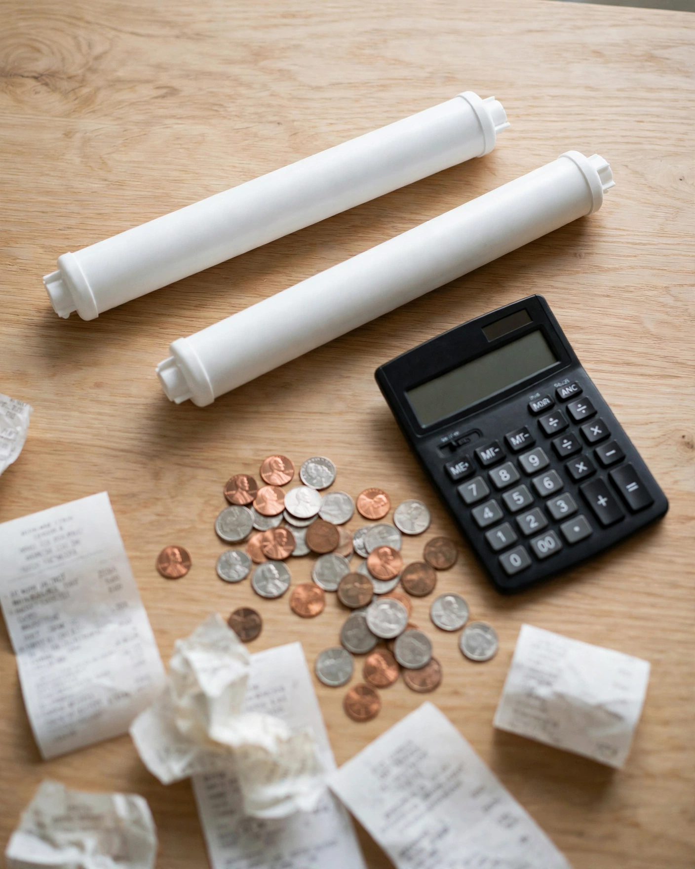 Compatible fridge filter cartridges beside a calculator, coins and receipts on a light oak table