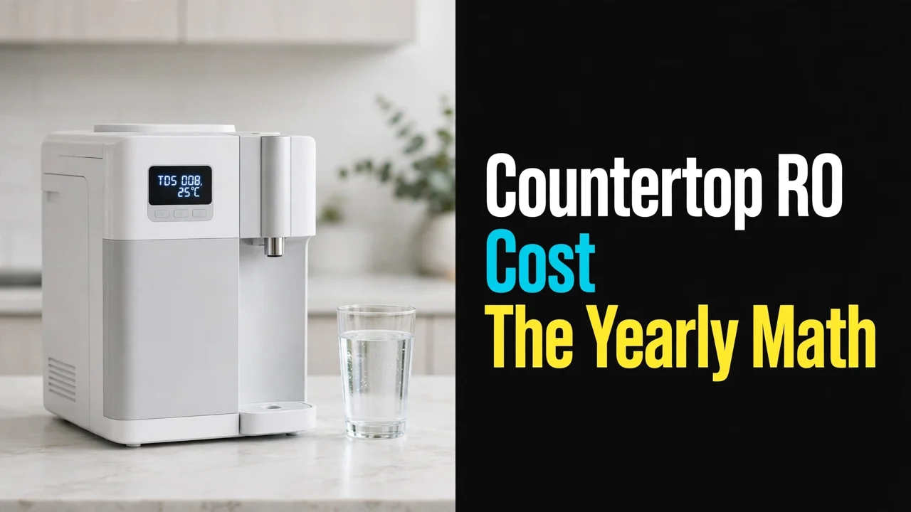 Countertop RO cost — a white countertop reverse osmosis unit and a glass of water on a kitchen counter