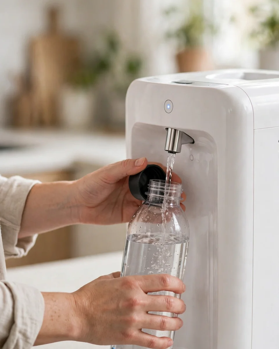 Filling a reusable bottle from a countertop reverse osmosis purifier