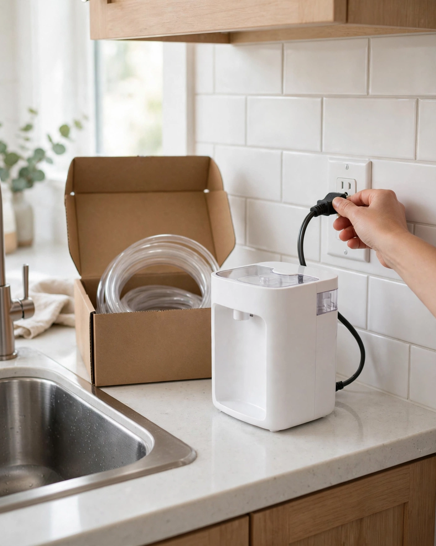 Hand plugging a countertop water purifier into a kitchen outlet beside the sink