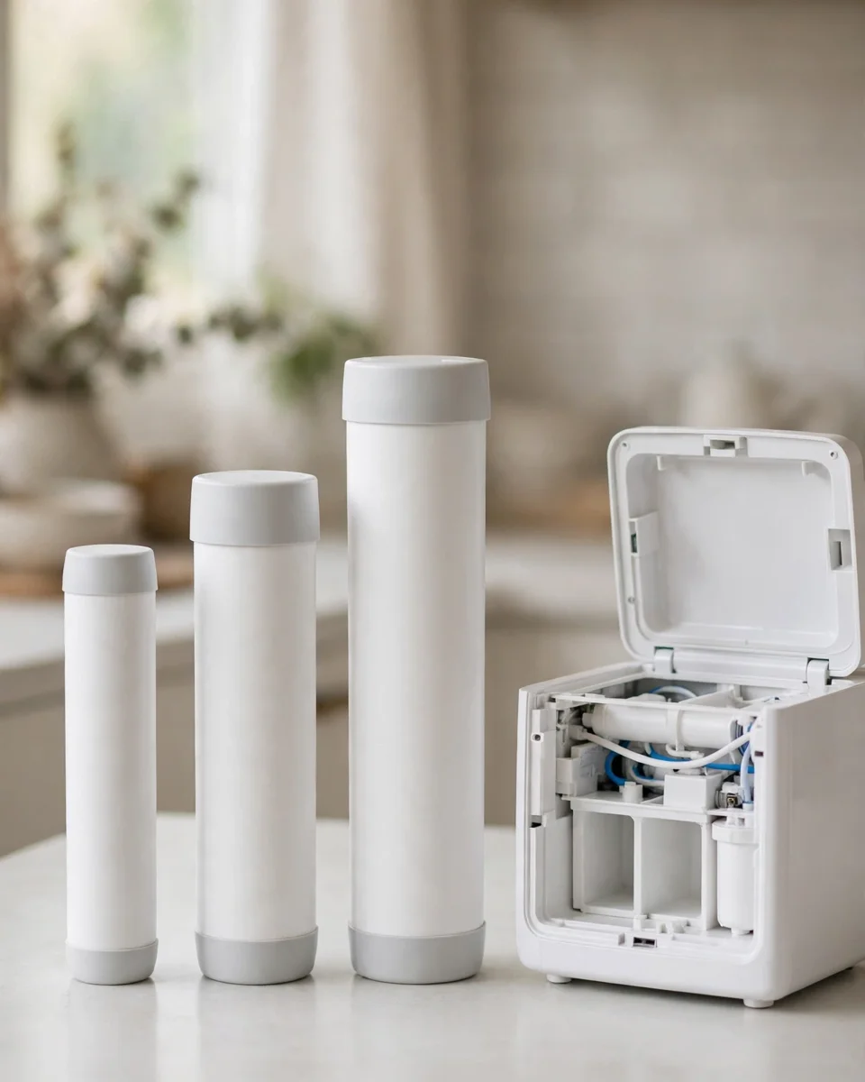 Three plain white replacement filter cartridges beside an opened countertop reverse osmosis unit