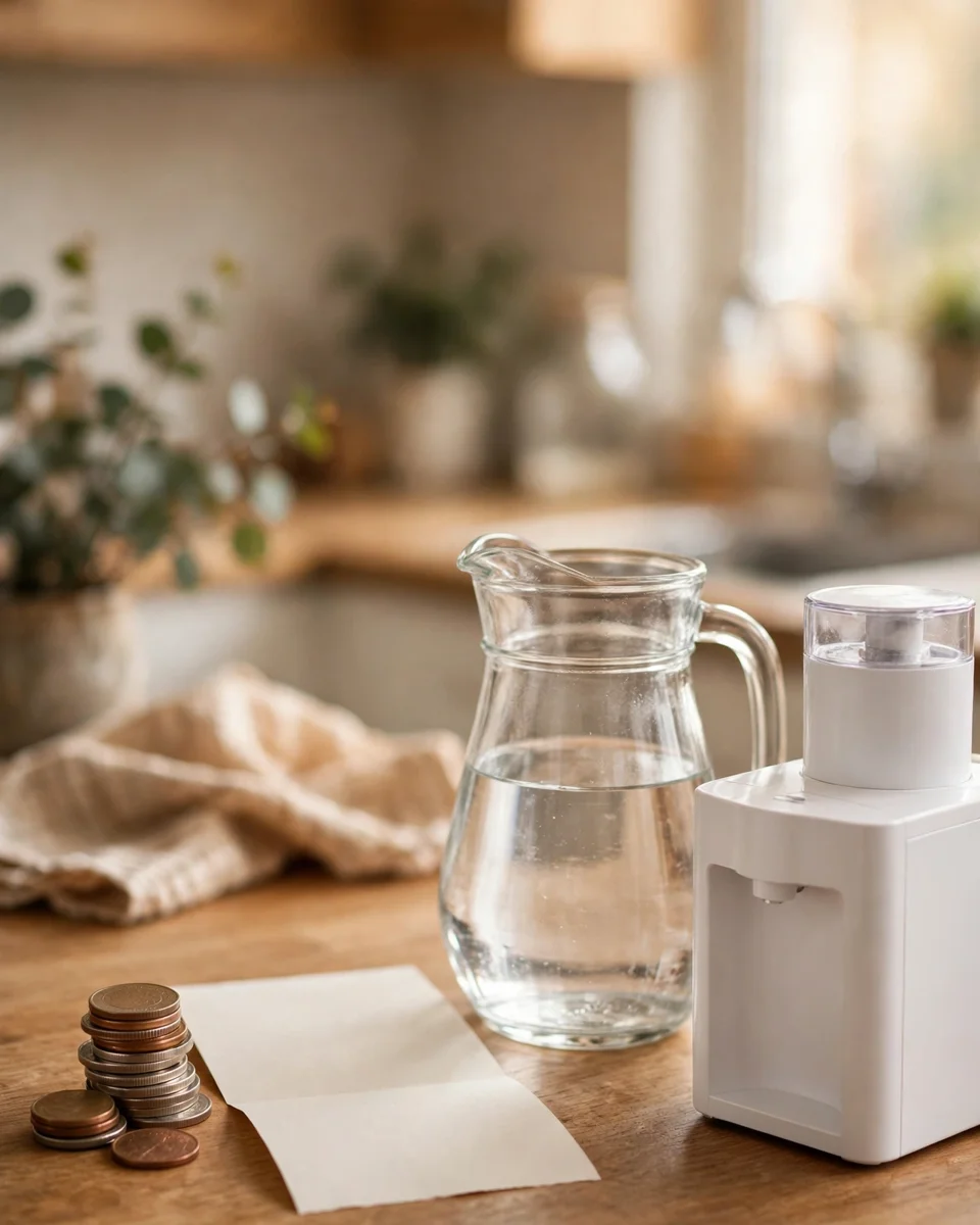 Coins and a blank receipt beside a glass pitcher of water and a compact countertop purifier