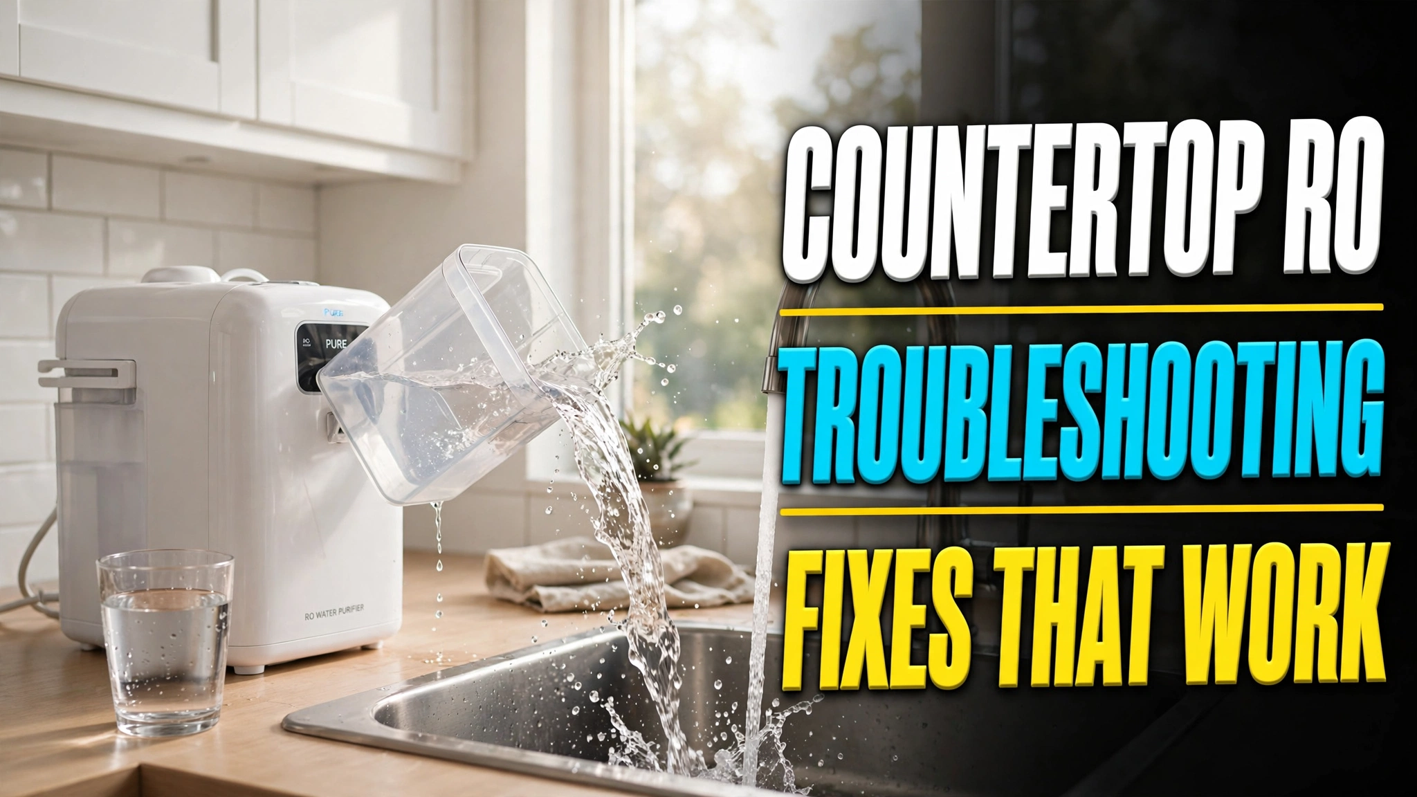 Countertop RO troubleshooting guide featured image: countertop purifier with tap-water tank being emptied