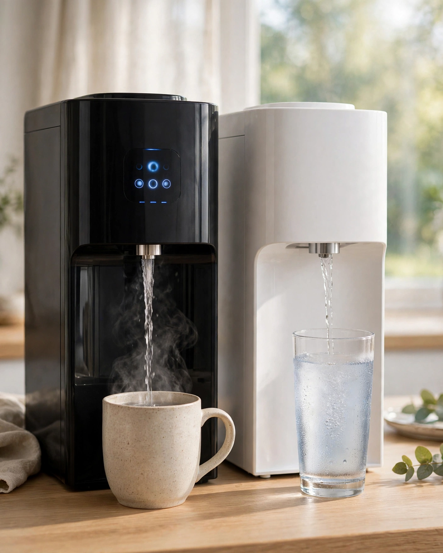 Black NOVETE-style countertop RO dispenser beside a white Melissani-style hot-cold dispenser