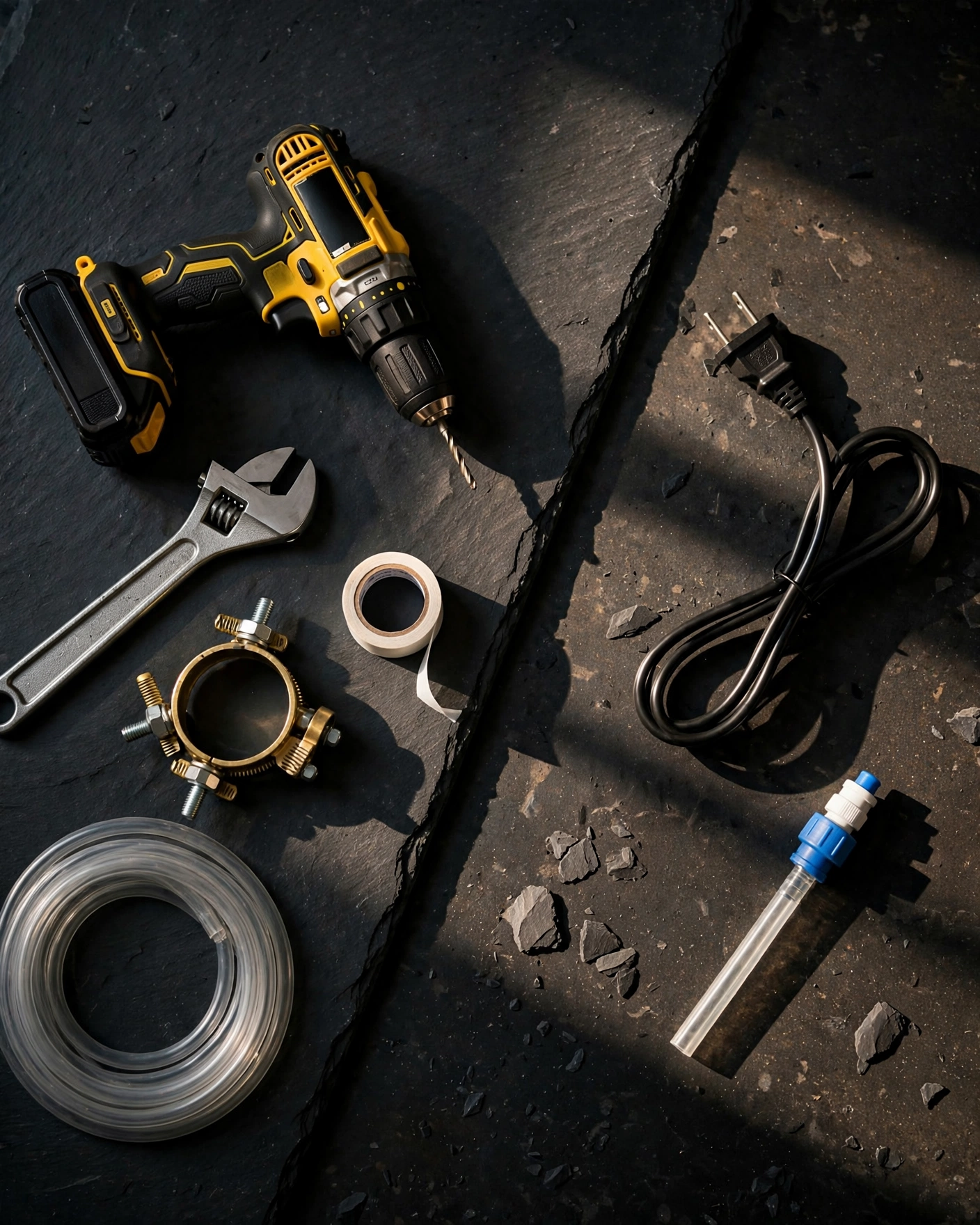 Under-sink installation tools beside a simple countertop RO power cord and water tube
