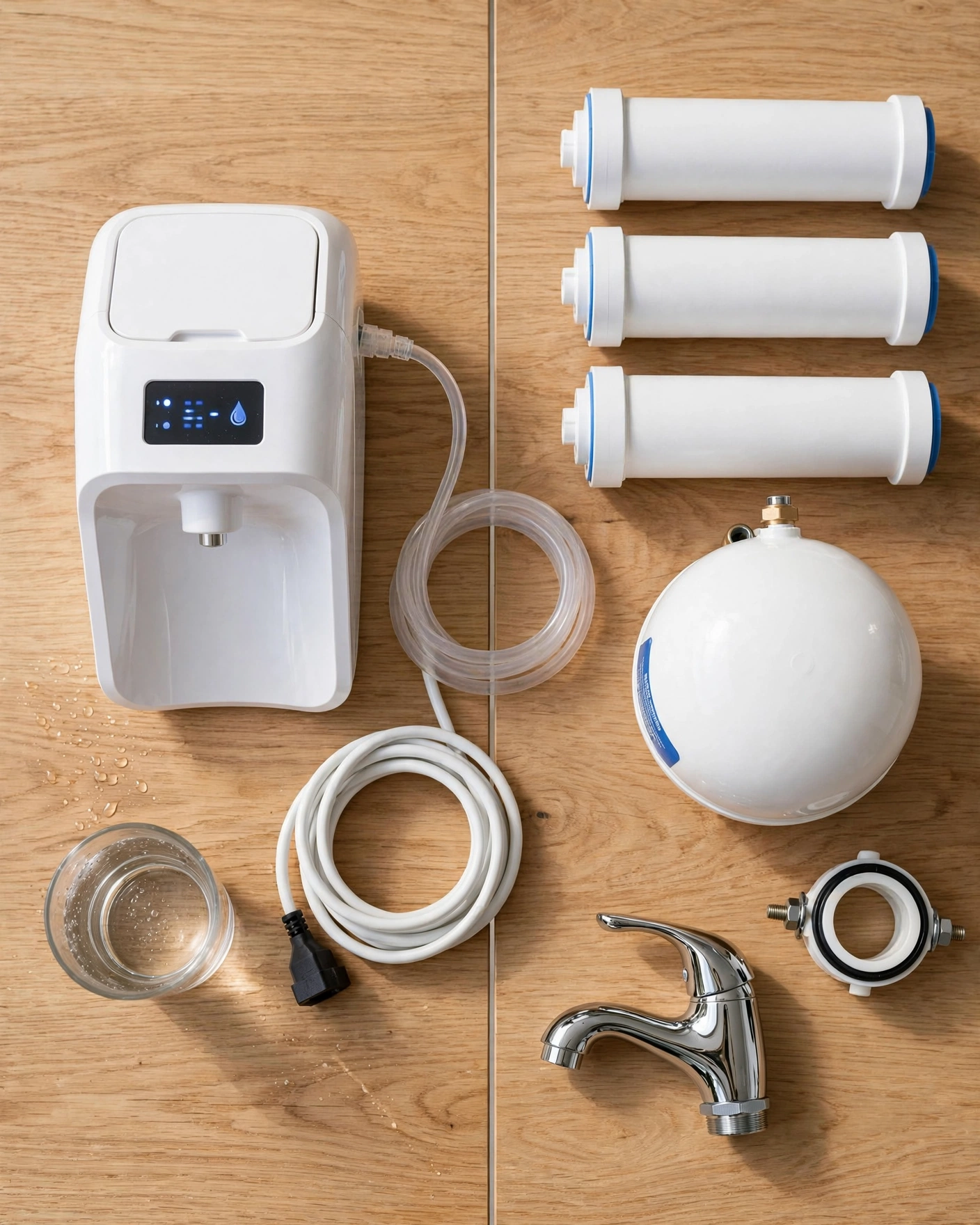 Flat-lay comparing countertop RO parts with under-sink RO housings, tank and faucet