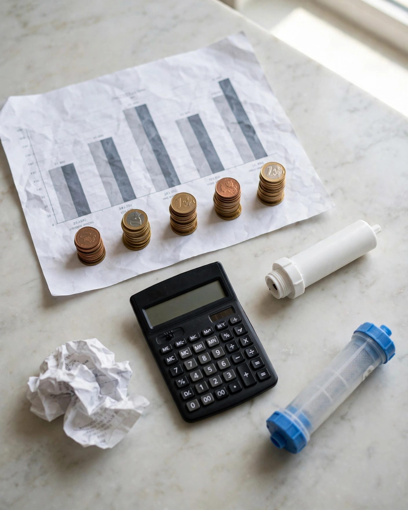Yearly filter cost comparison chart with cartridges, calculator and receipts