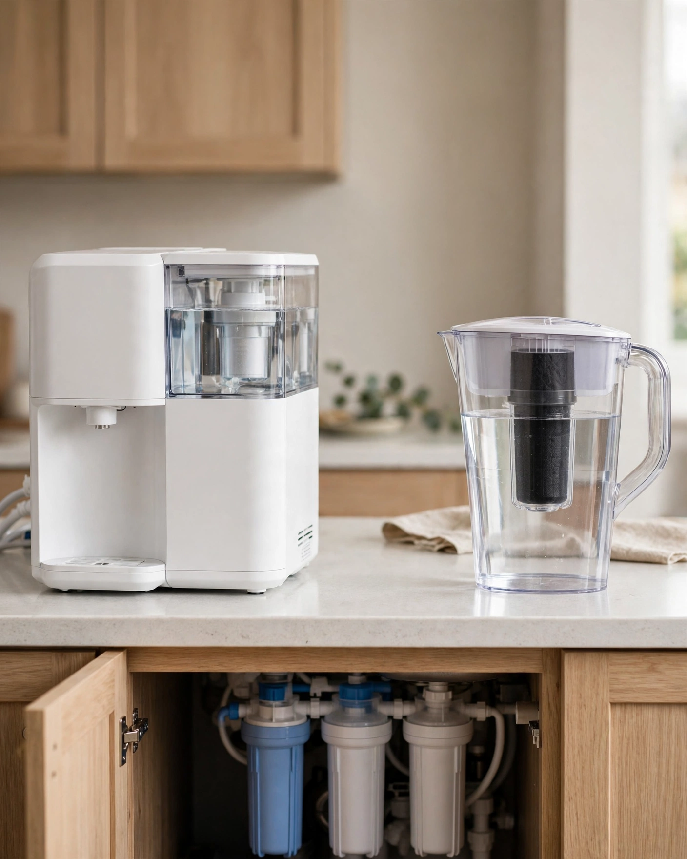 Silhouette comparison of a countertop RO appliance next to an under-sink RO unit and a pitcher filter