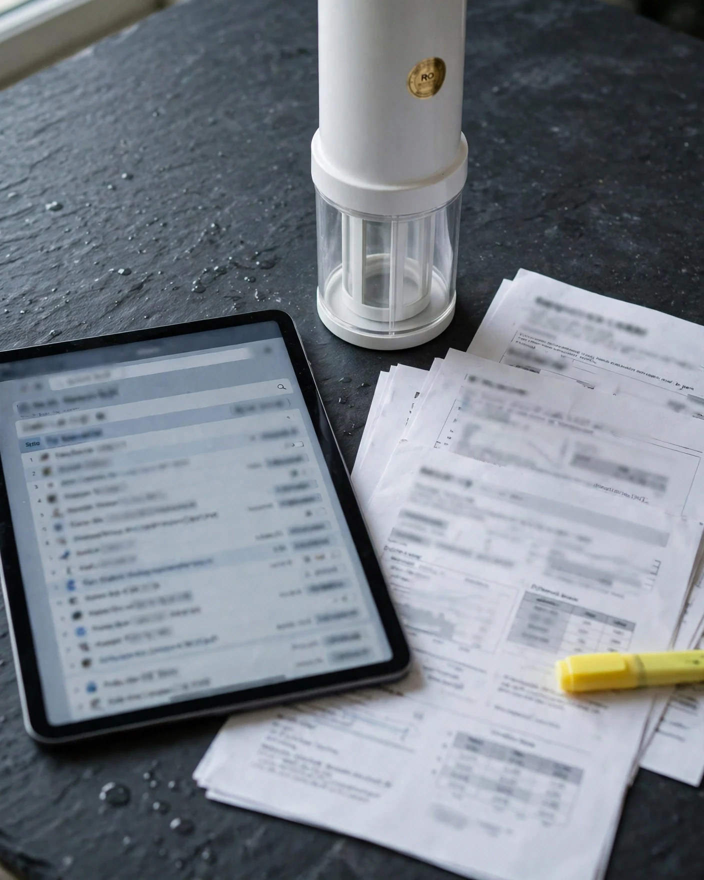 Tablet showing a water-certification database listing beside an RO filter housing with a gold certification seal