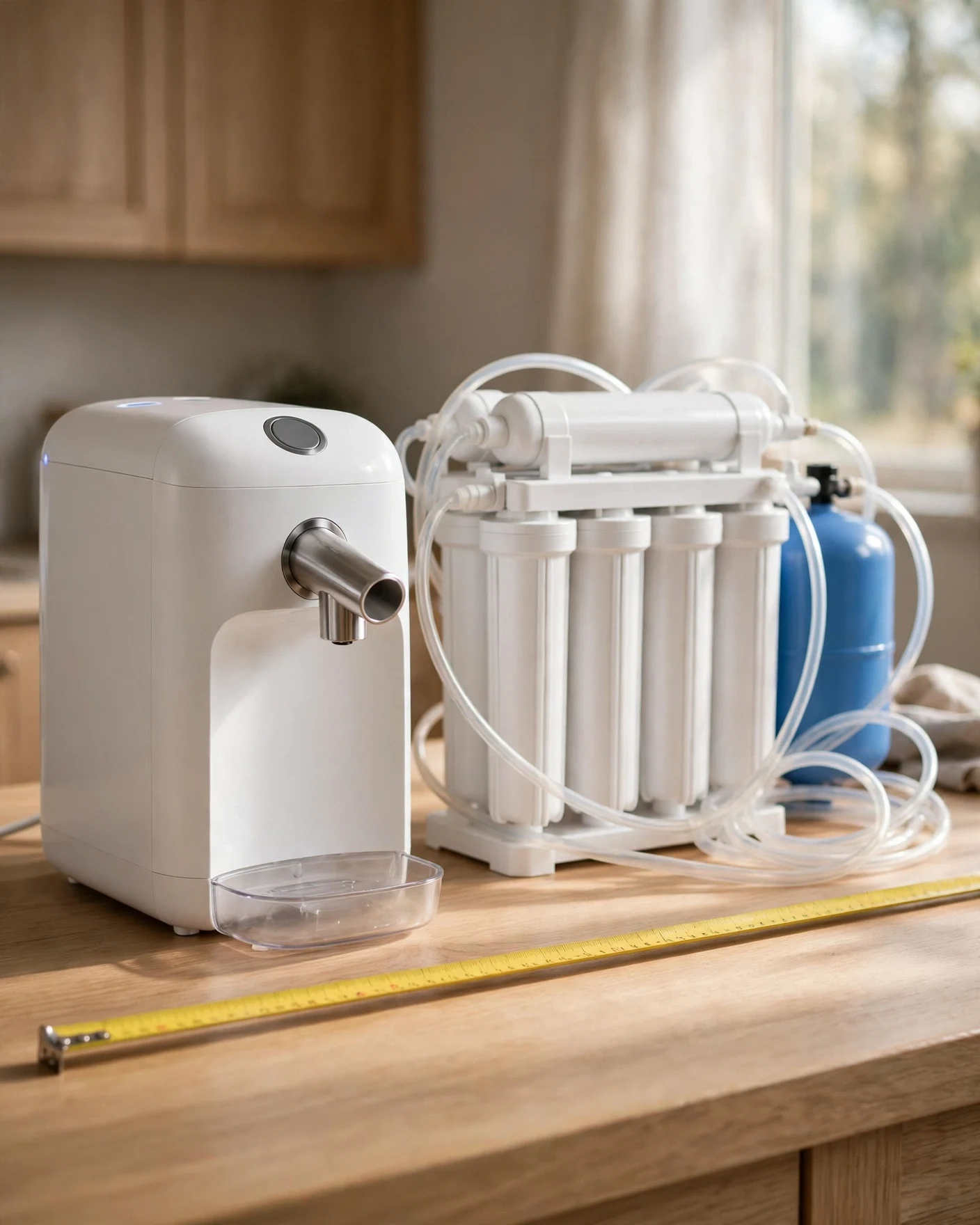 Countertop RO dispenser beside a 5-stage under-sink RO system with a measuring tape across the front