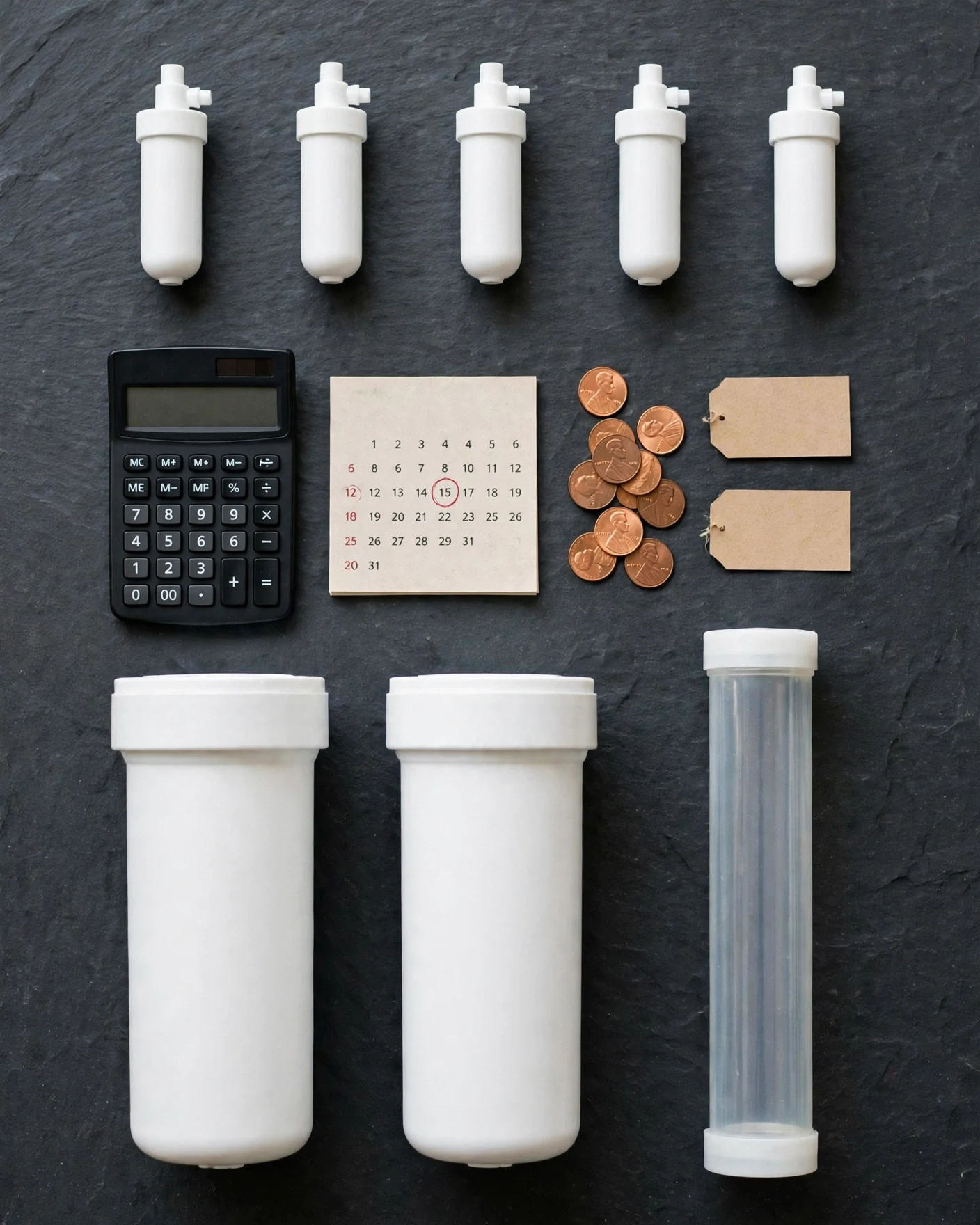 Countertop and under-sink RO replacement cartridges with a calculator, calendar, coins, and price cards