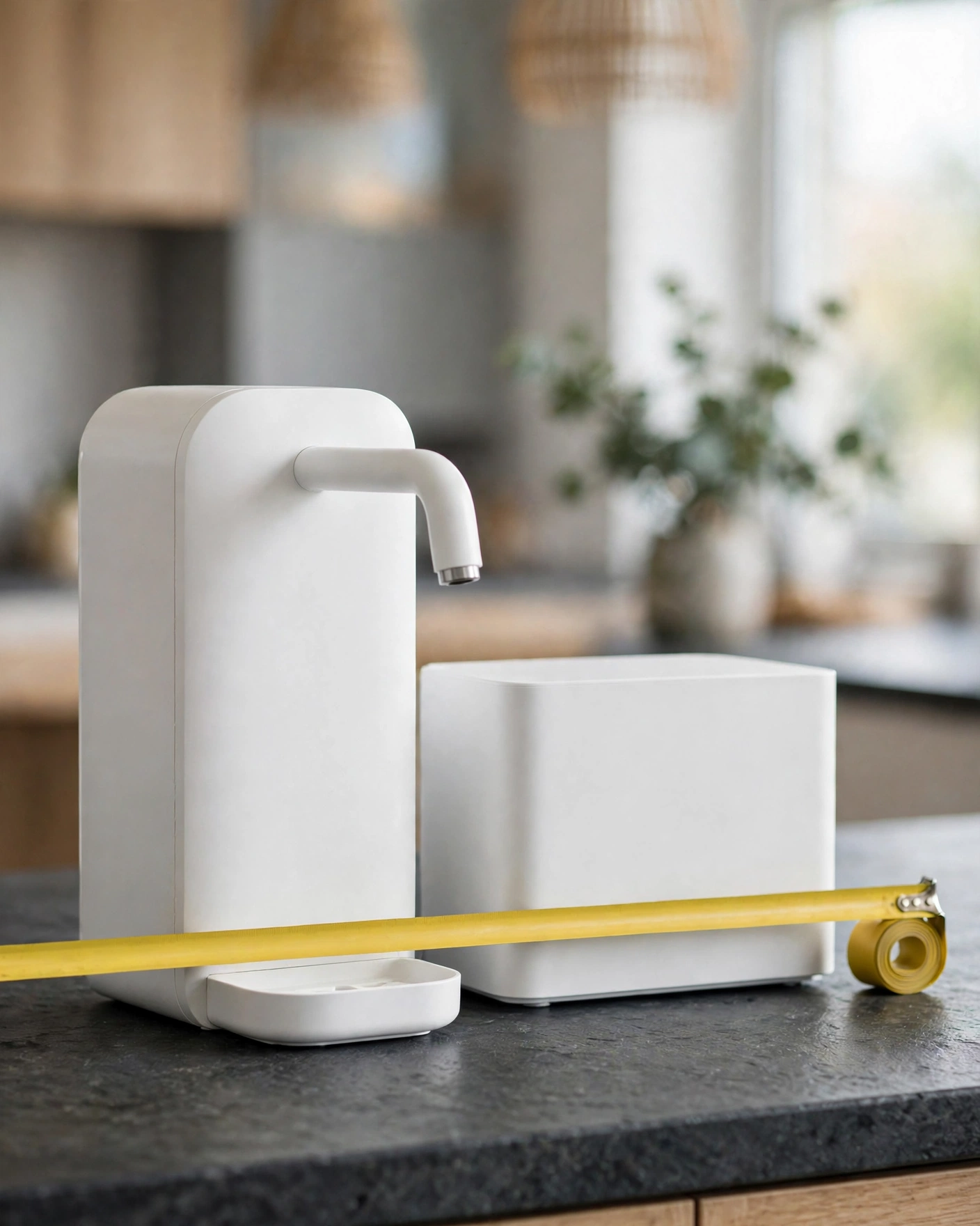 Countertop RO dispenser next to a tankless under-sink RO module with a measuring tape across the front