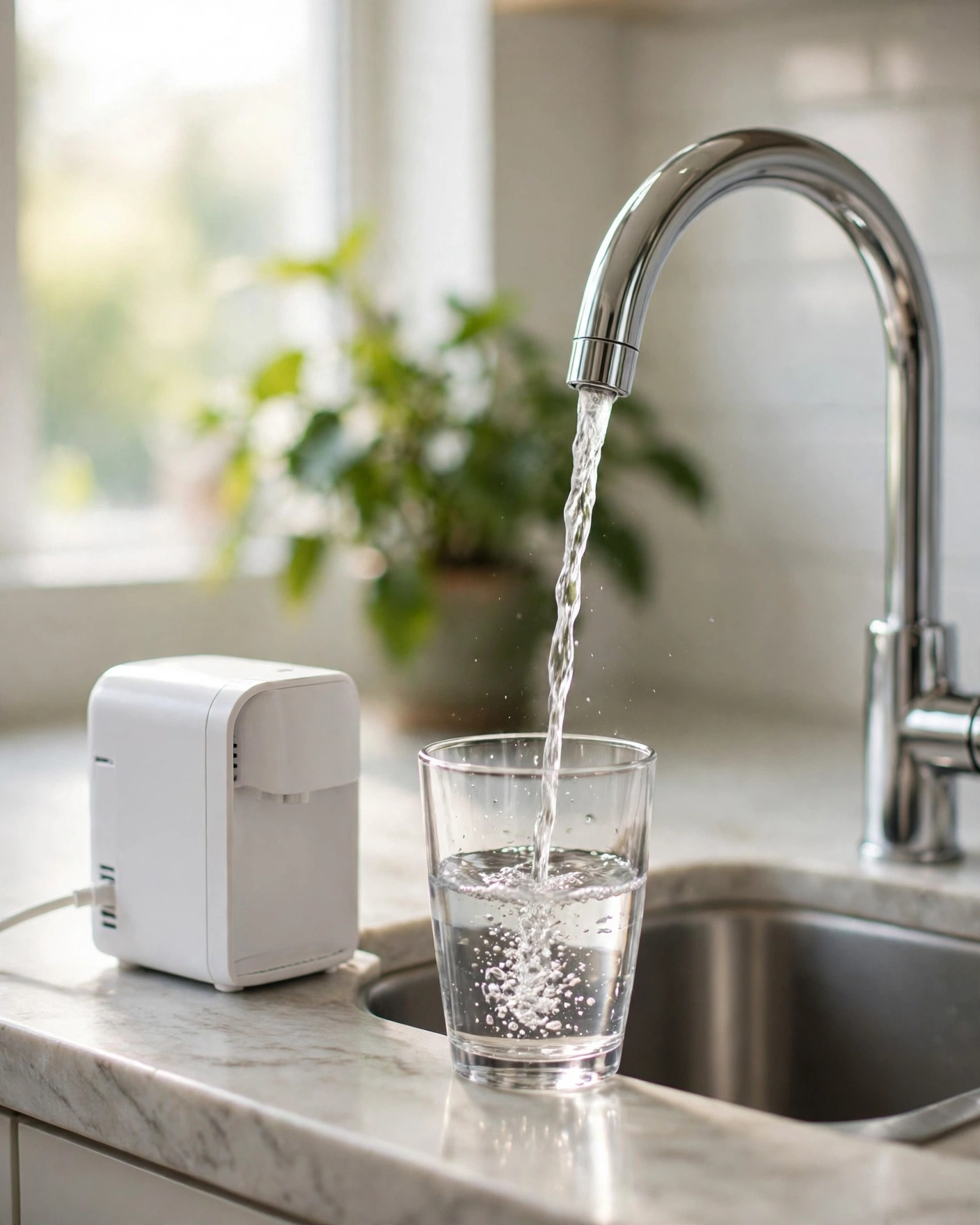 Chrome RO faucet pouring into a glass beside a countertop RO dispenser on a kitchen counter