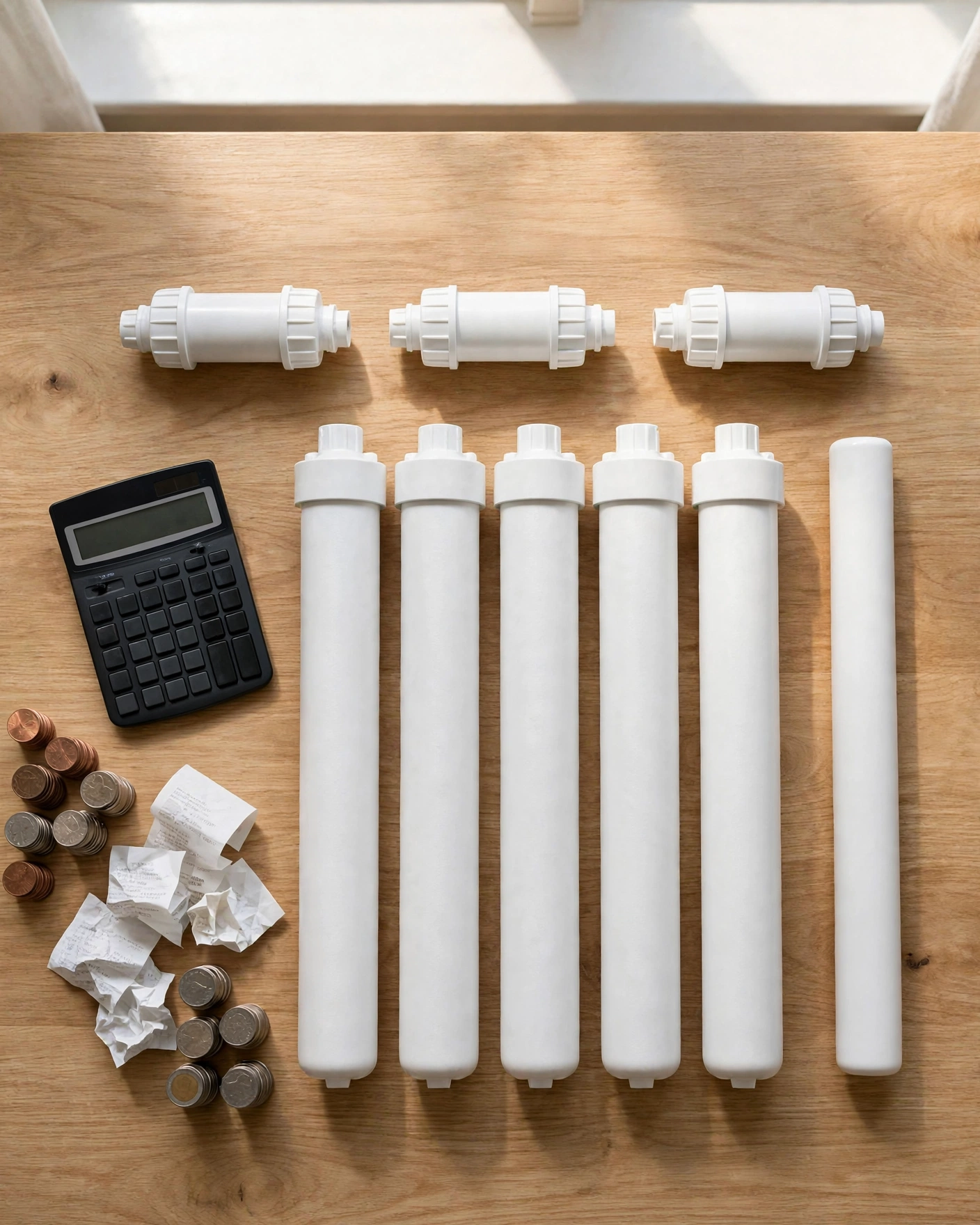 Two rows of water filter cartridges with a calculator, receipts, and coins showing yearly filter cost