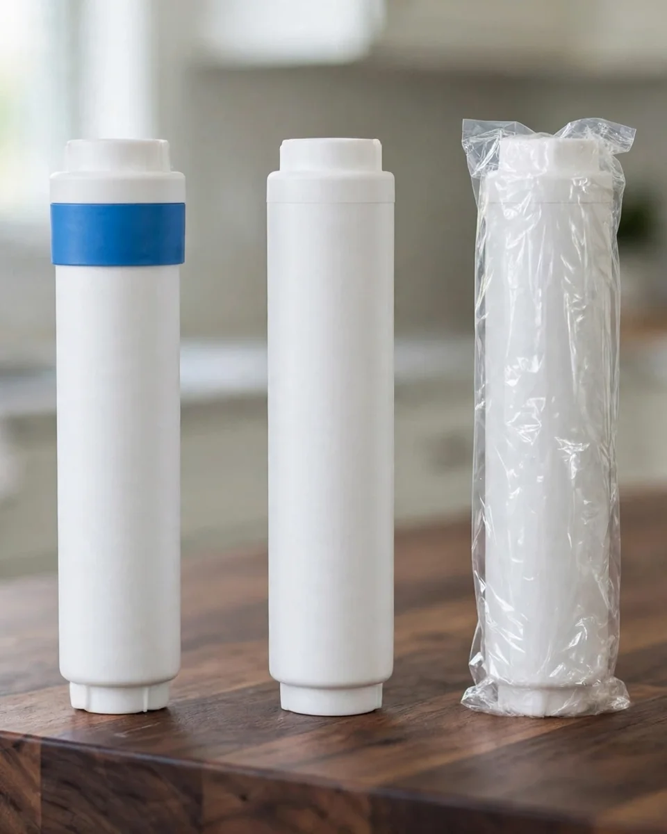 Genuine and compatible DA29-00020B replacement filters standing side by side on a kitchen counter
