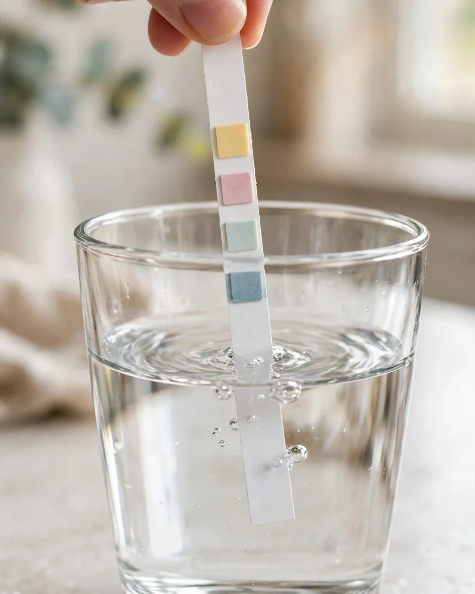 Hand dipping a test strip with colored pads into a glass of water — how a strip test works