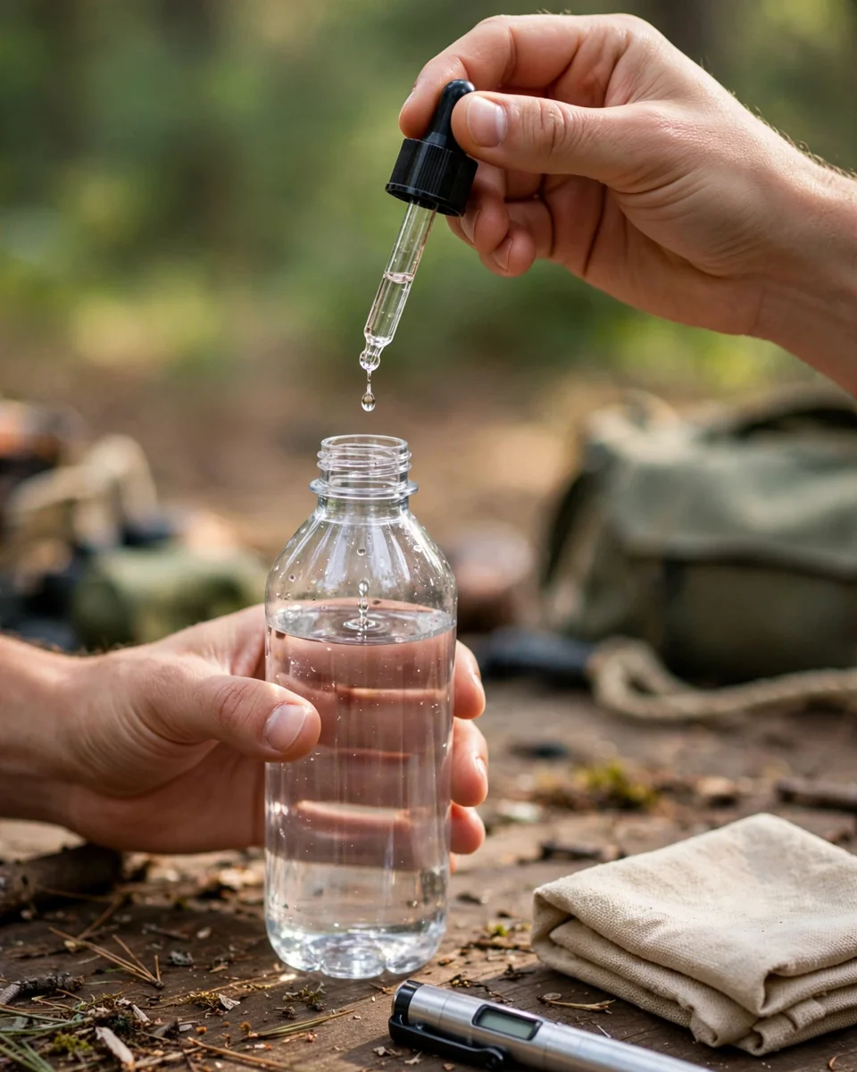 Hands adding disinfection drops from a dropper into a clear bottle of filtered water at a campsite, UV pen and cloth beside it