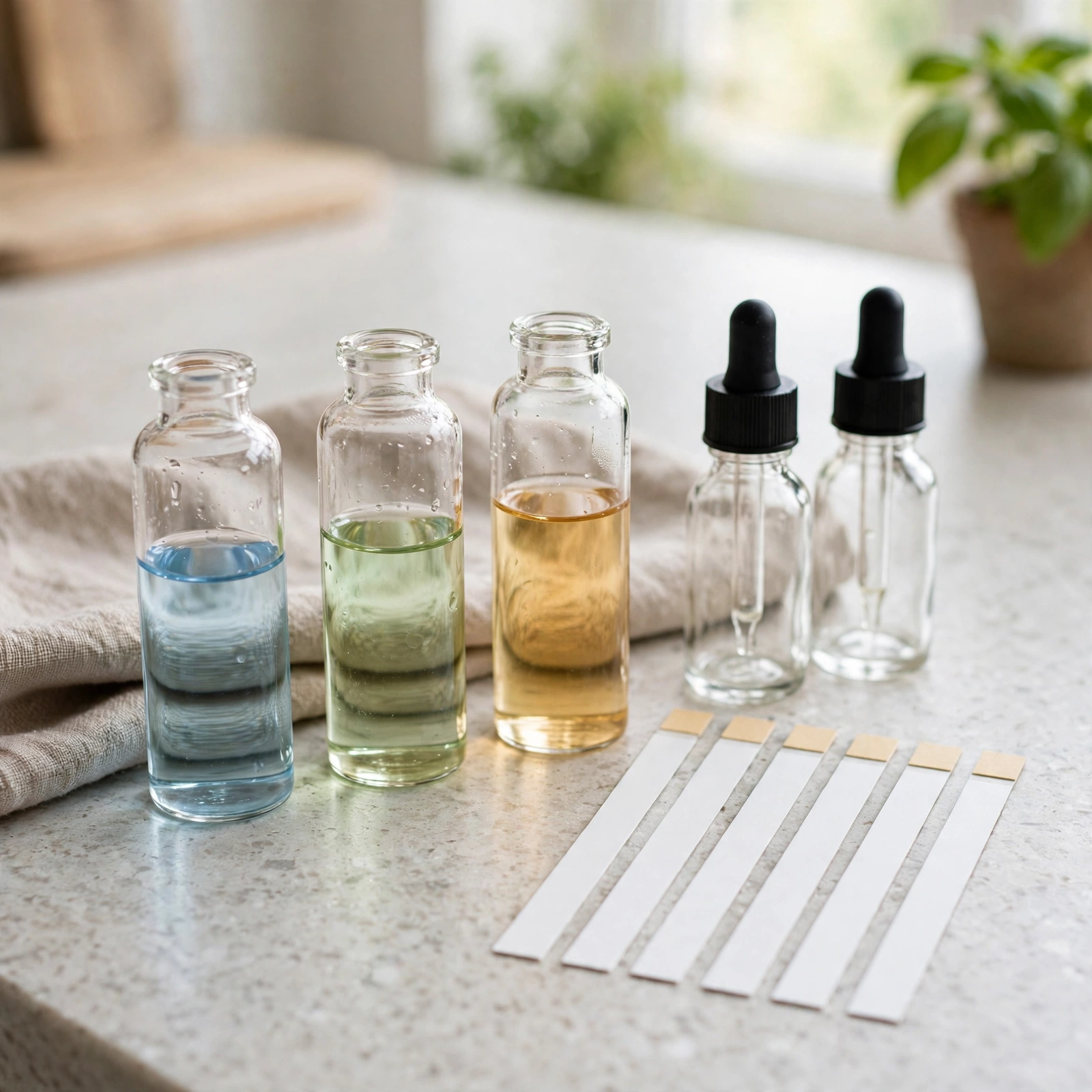 Home testing vials with colored liquids and droplet bottles on a counter