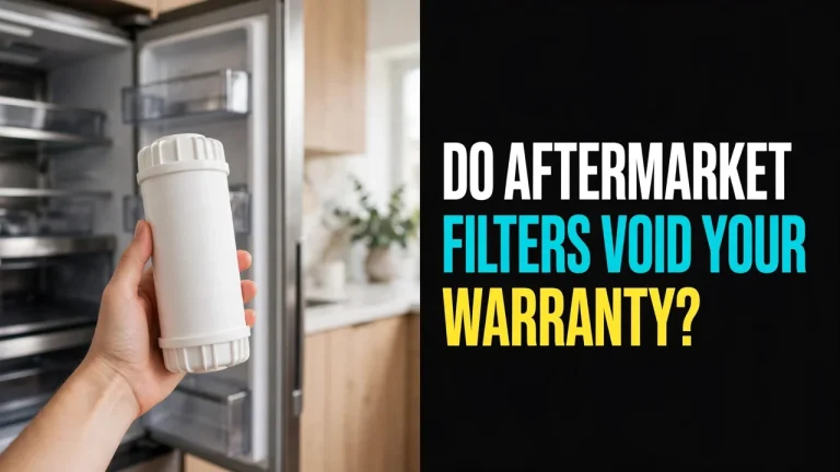 Do aftermarket filters void your warranty — hand holding a plain filter cartridge in front of an open refrigerator