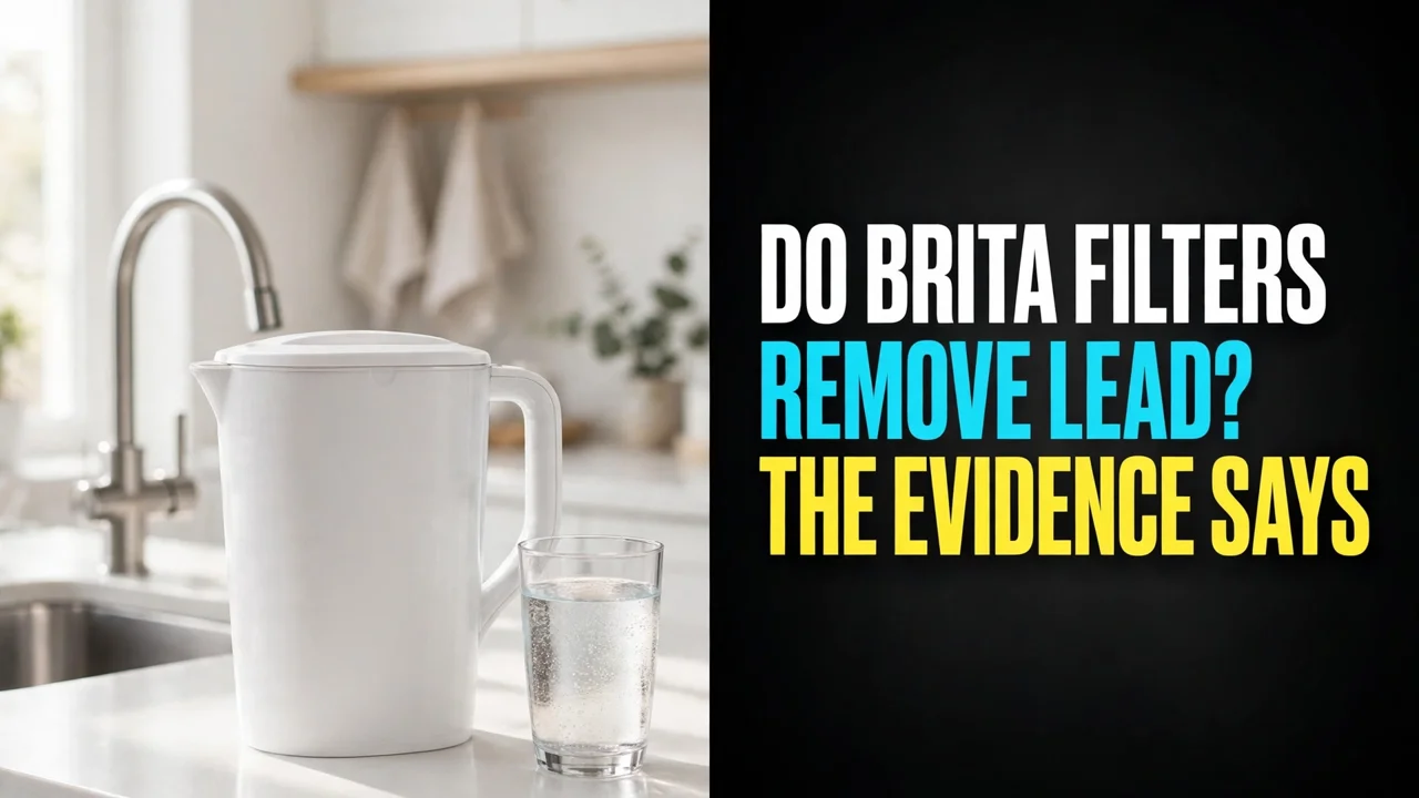 Do Brita filters remove lead — a plain white filter pitcher and a glass of water on a kitchen counter