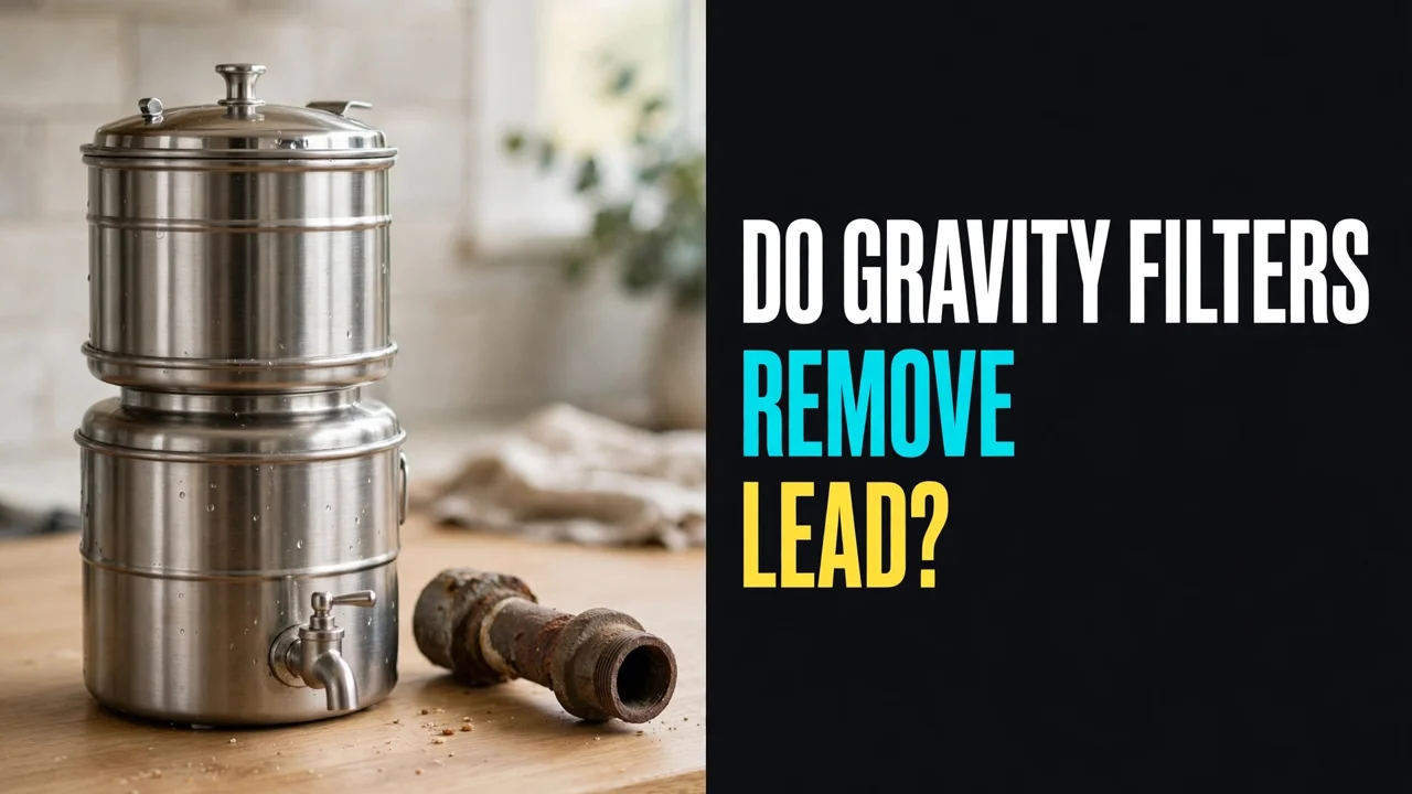 Do gravity filters remove lead — stainless gravity filter beside a corroded old pipe fitting on a wooden counter