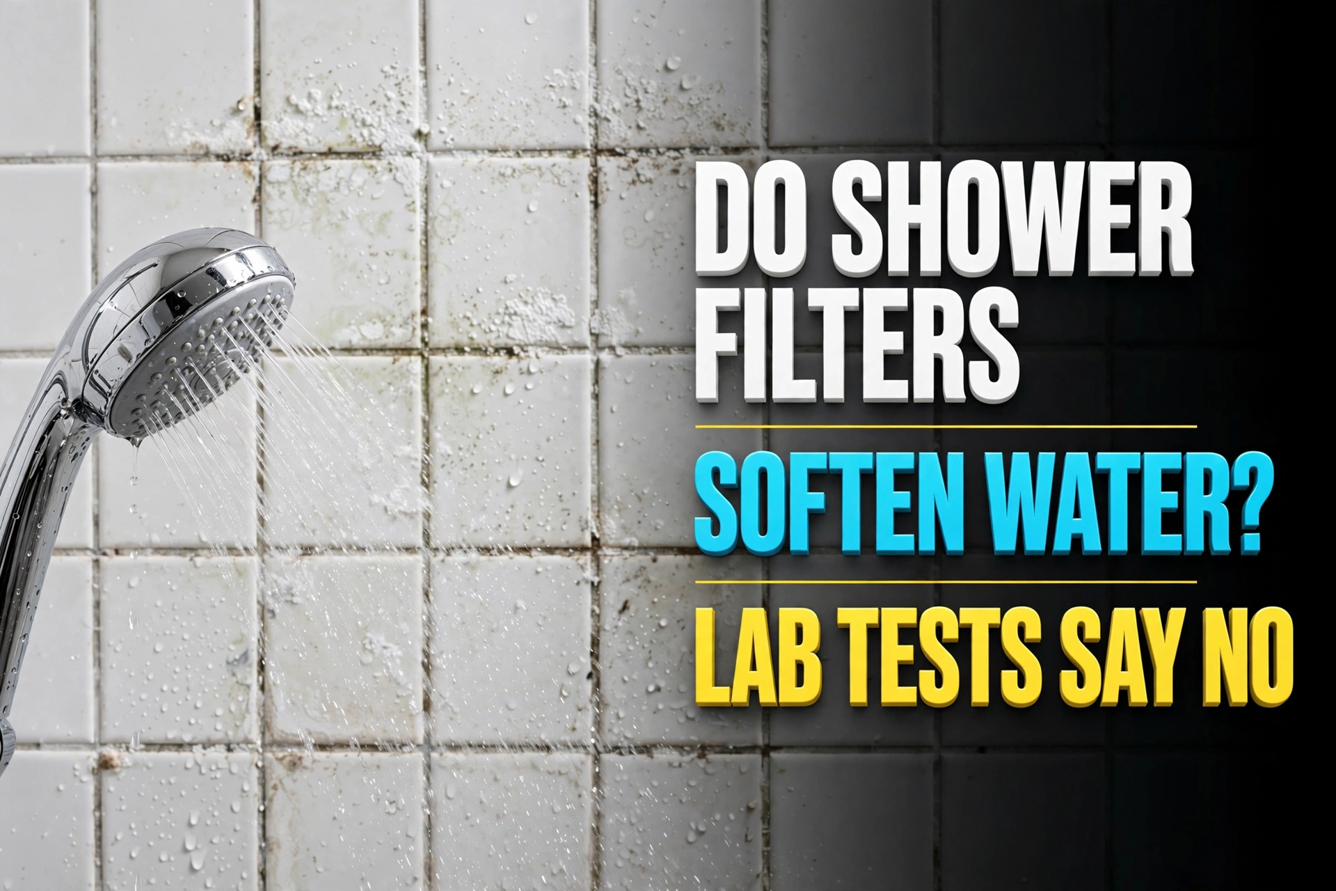 Chrome shower head with water flowing and limescale spots on tiles — do shower filters soften water featured image