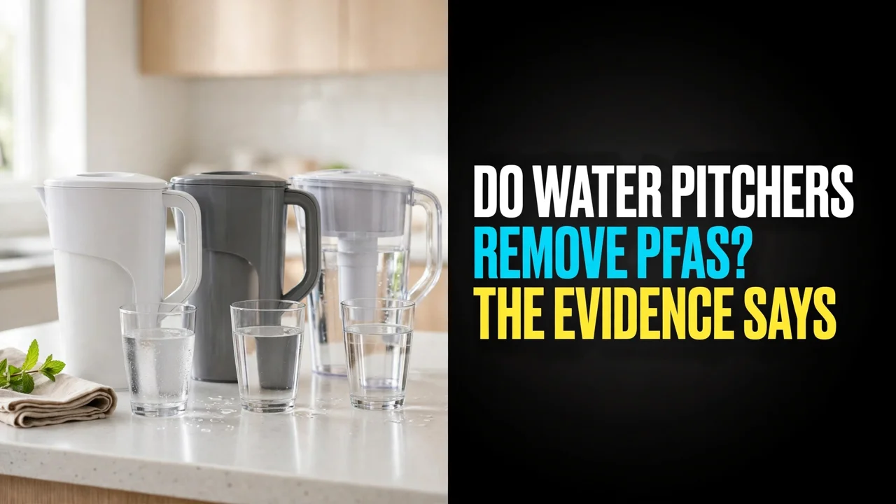 Do water filter pitchers remove PFAS — three plain filter pitchers in white, grey and clear with glasses of water on a counter