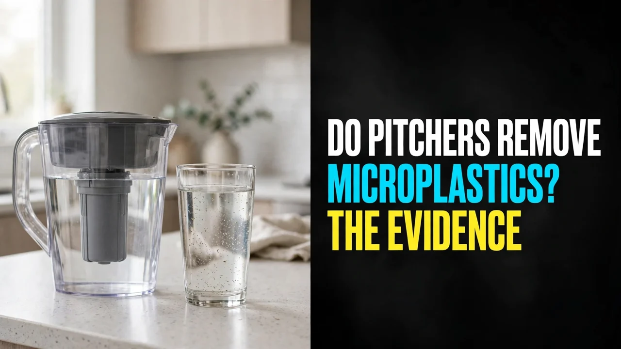 Do water pitchers remove microplastics — a filter pitcher and a glass of water with visible particles on a kitchen counter