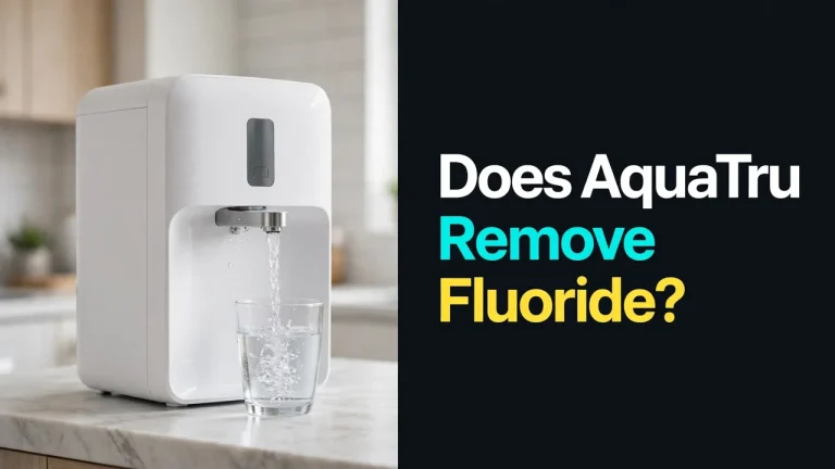 Does AquaTru remove fluoride — a white countertop reverse osmosis unit filling a glass of water