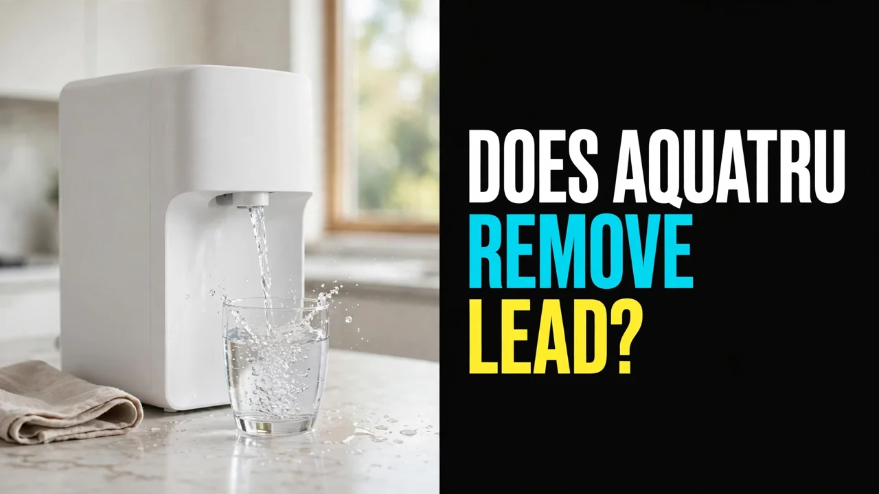 Does AquaTru remove lead — countertop reverse osmosis purifier filling a glass on a kitchen counter