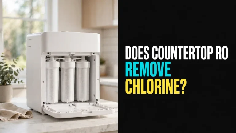 Does countertop RO remove chlorine — countertop purifier with its front panel open showing three filter cartridges