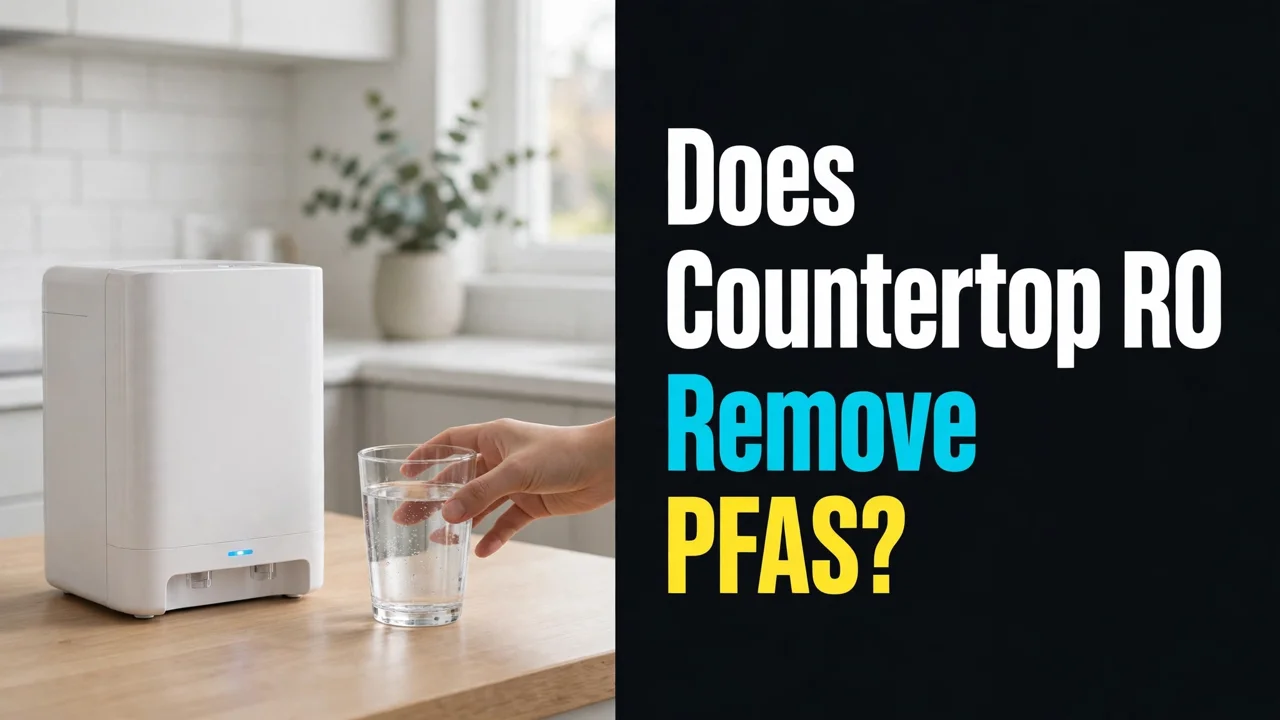 Does countertop RO remove PFAS — a white countertop reverse osmosis unit and a glass of water on a kitchen counter