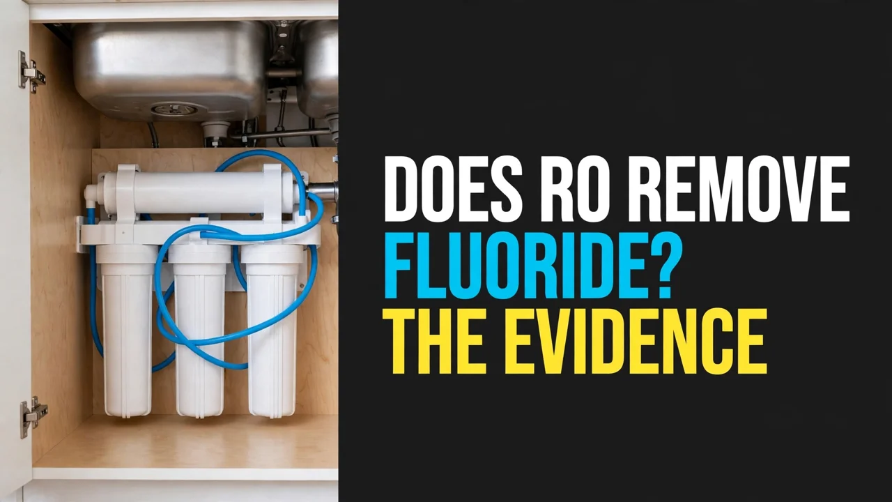 Does RO remove fluoride — under-sink reverse osmosis unit with white housings and blue tubing, headline Does RO Remove Fluoride? The Evidence