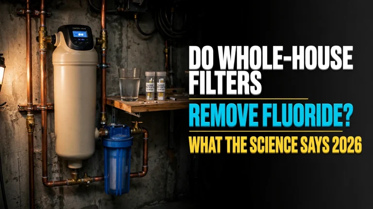 Whole-house water filter tank on basement wall with fluoride test kit and glass of water; headline: Do whole-house filters remove fluoride? What the science says 2026