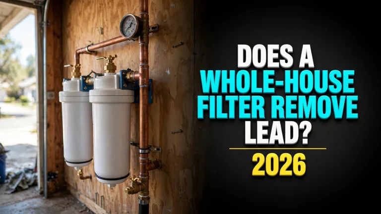Whole-house filter housings on copper main-line pipes in a garage, overlaid headline: Does a whole-house filter remove lead? 2026
